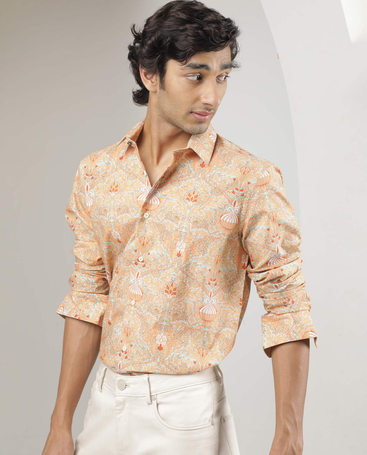 Rare Rabbit Men's Samuel Beige Cotton Fabric Floral Print Full Sleeves Shirt