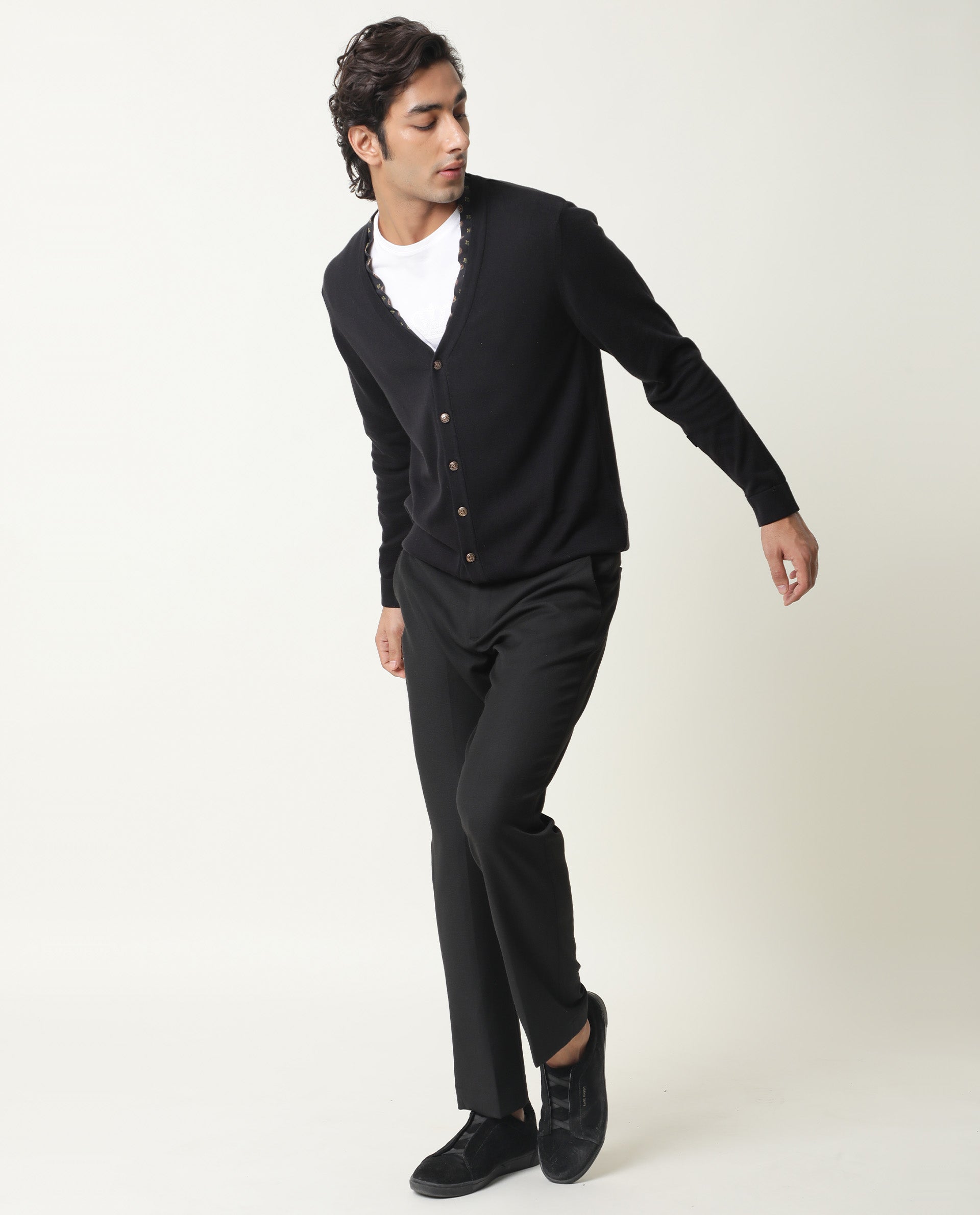 Rare Rabbit Richer Primary Black Pullover Cotton Fabric Full Sleeve V-Neck Slim Fit