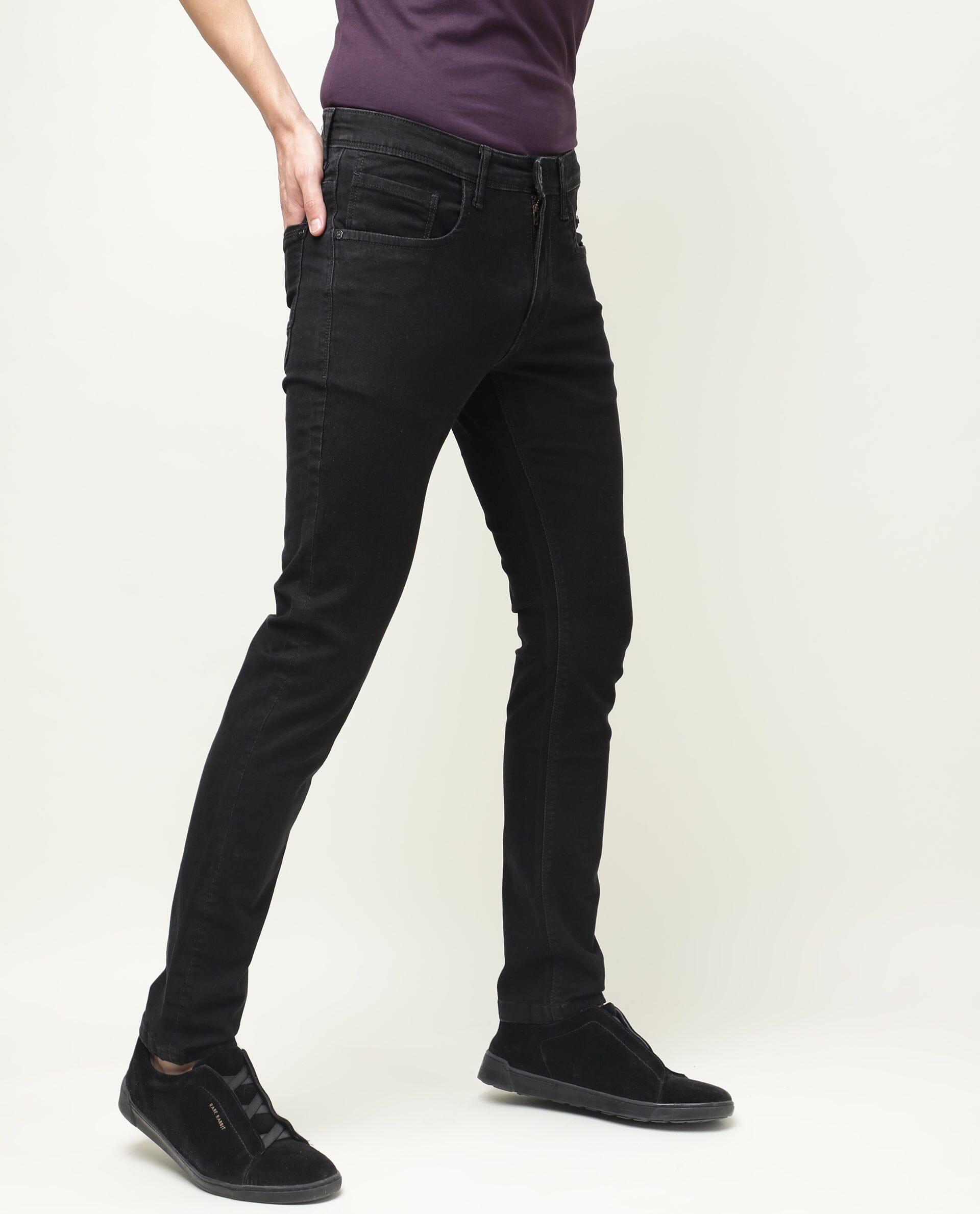 Rare Rabbit Men's Double Black 2 Black Rinse Wash Mid-Rise Slim Fit Jeans