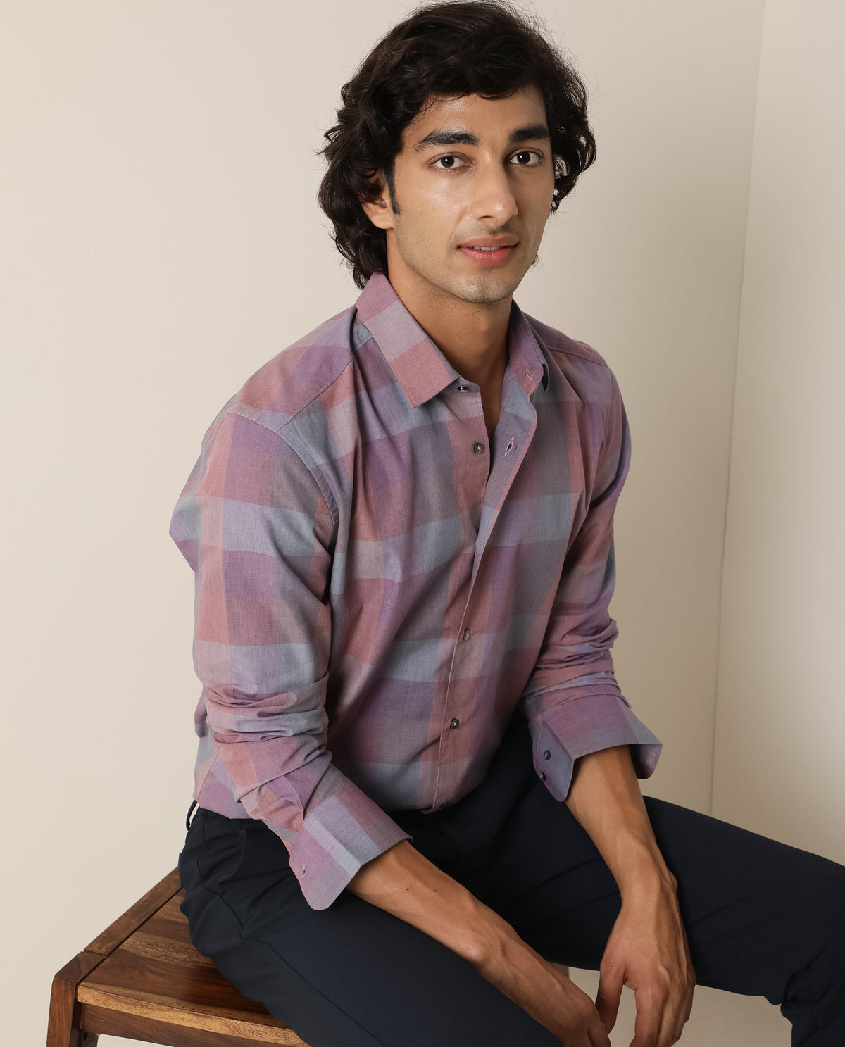 Rare Rabbit Men's Vasco Pink Cotton Fabric Full Sleeves Checks Print Shirt