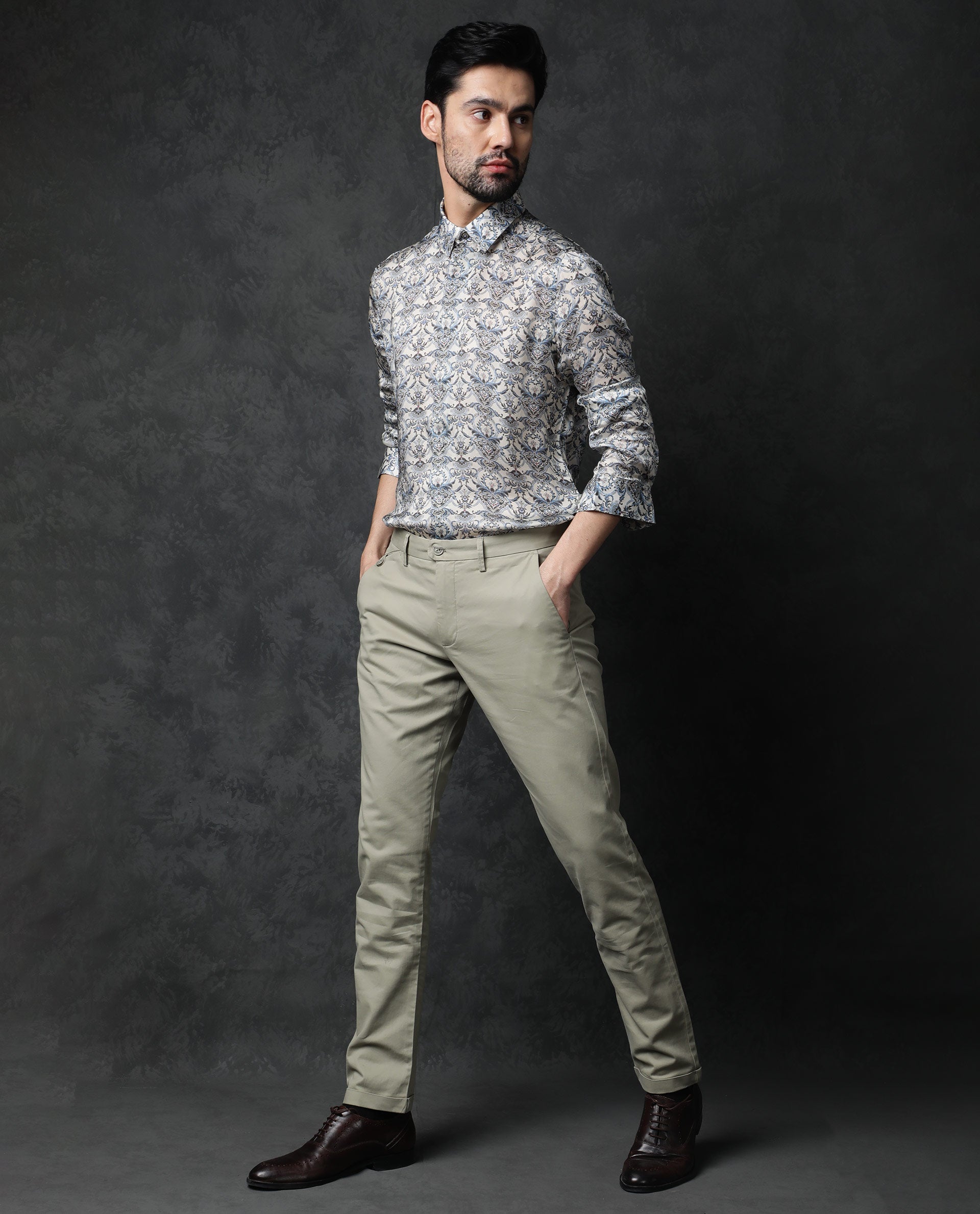 Rare Rabbit Men's Montor Beige Satin Abstract Print Full Sleeves Shirt