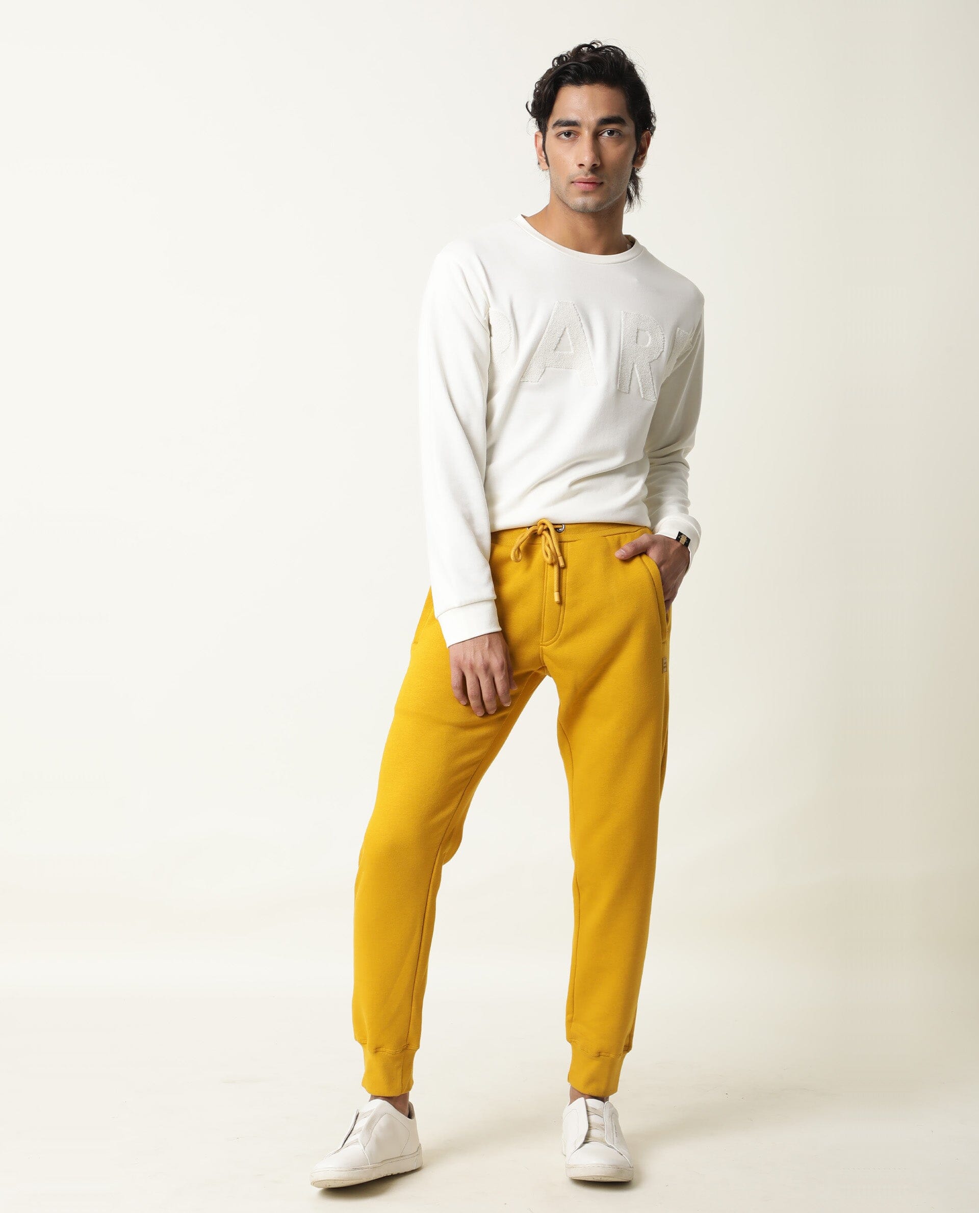 Rare Rabbit Panama Light Yellow Track Pant Cotton Poly Fabric Slim Fit Drawsting Closure