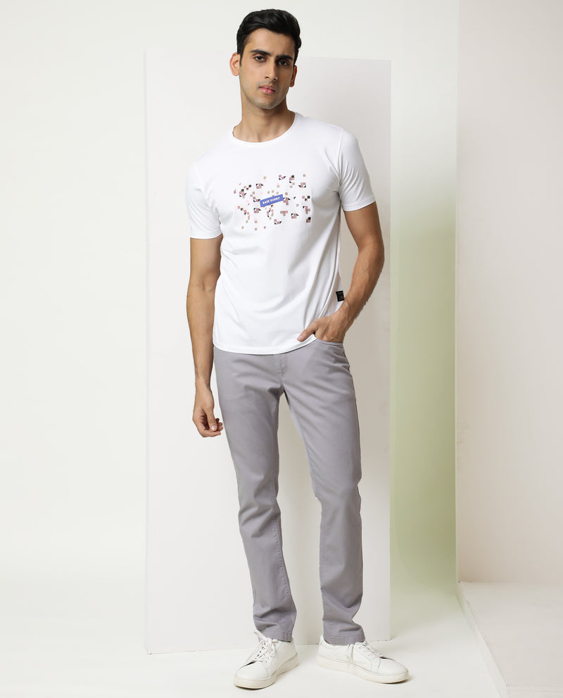 Rare Rabbit Men's Byte White Cotton Lycra Fabric Crew Neck Half Sleeves Regular Fit Abstract Graphic Print T-Shirt