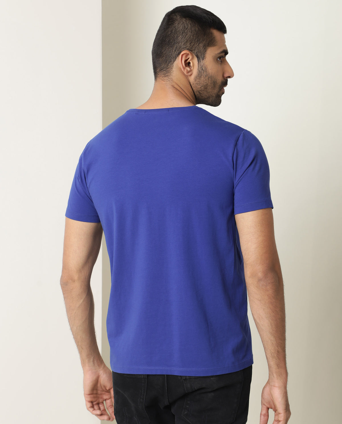 Rare Rabbit Men's Skein Blue Cotton Lycra Fabric Crew Neck Half Sleeves Flock Print Branding T-Shirt