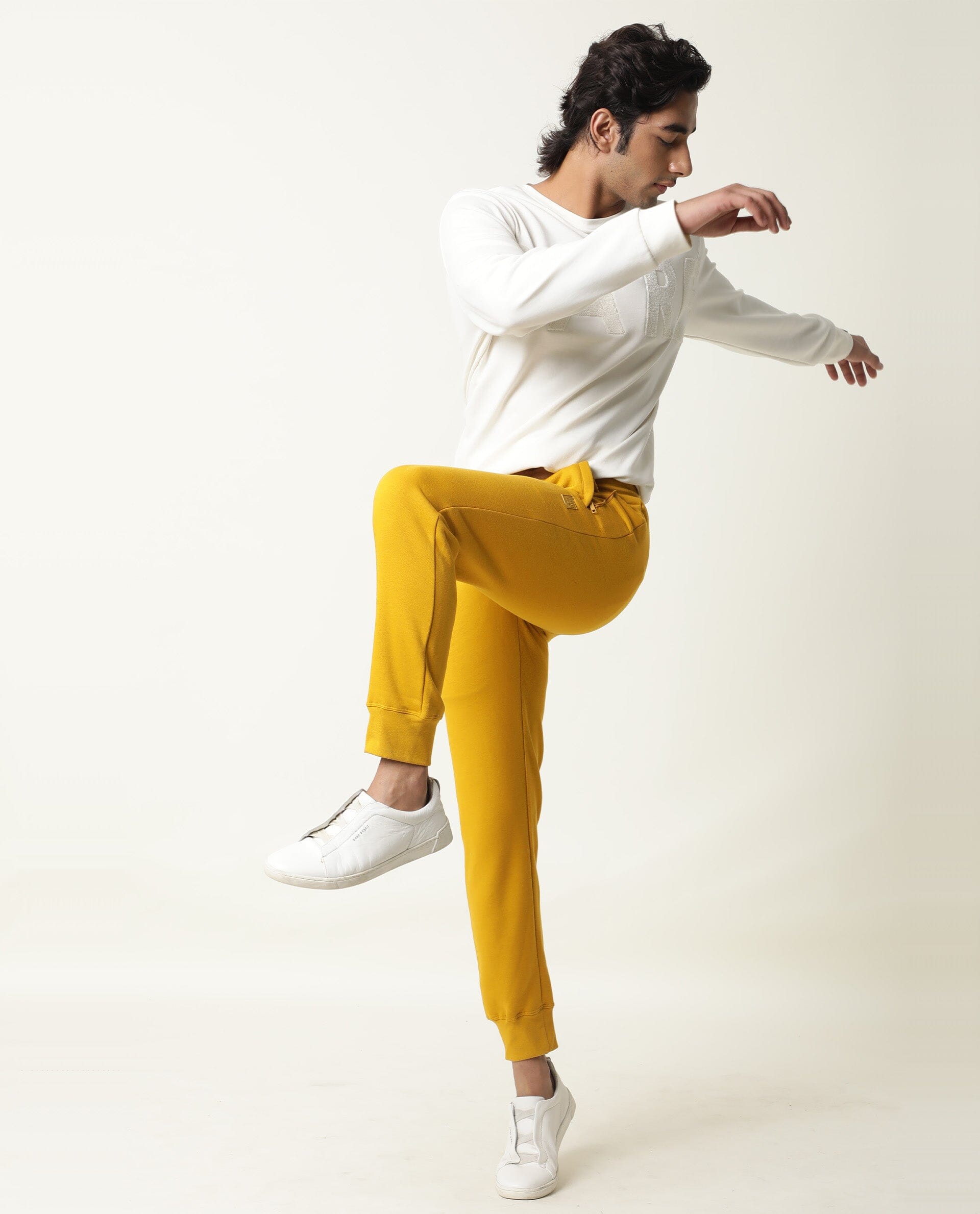 Rare Rabbit Panama Light Yellow Track Pant Cotton Poly Fabric Slim Fit Drawsting Closure