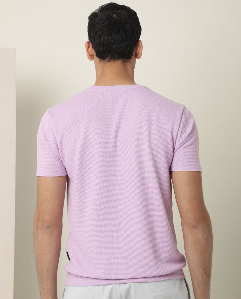 Rare Rabbit Men's Coni Pastel Purple Polyester Cotton Fabric Crew Neck Half Sleeves Regular Fit Structured Dobby T-Shirt