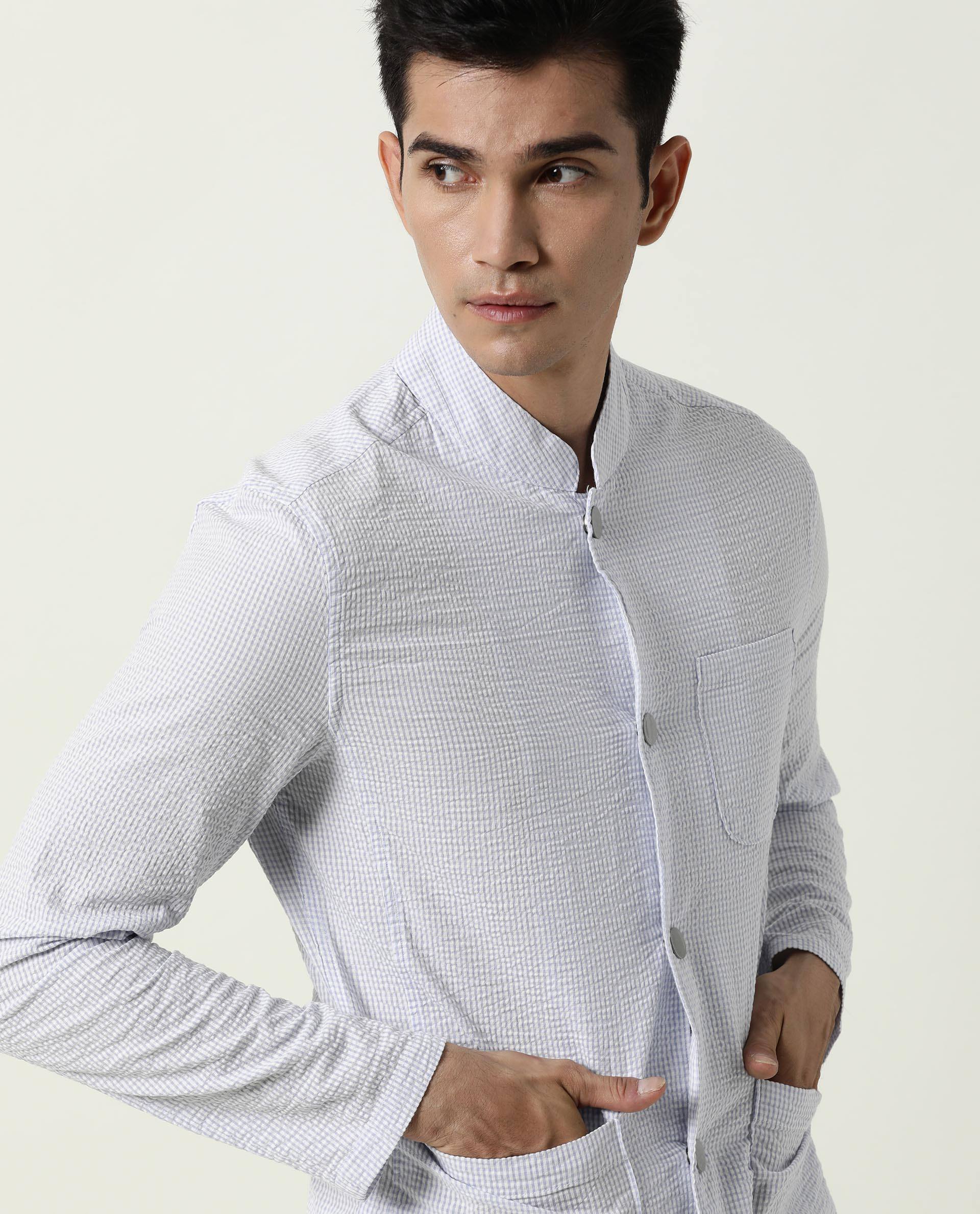 Rare Rabbit Men's Gin Purple Mandarin Collar Checkered Jacket