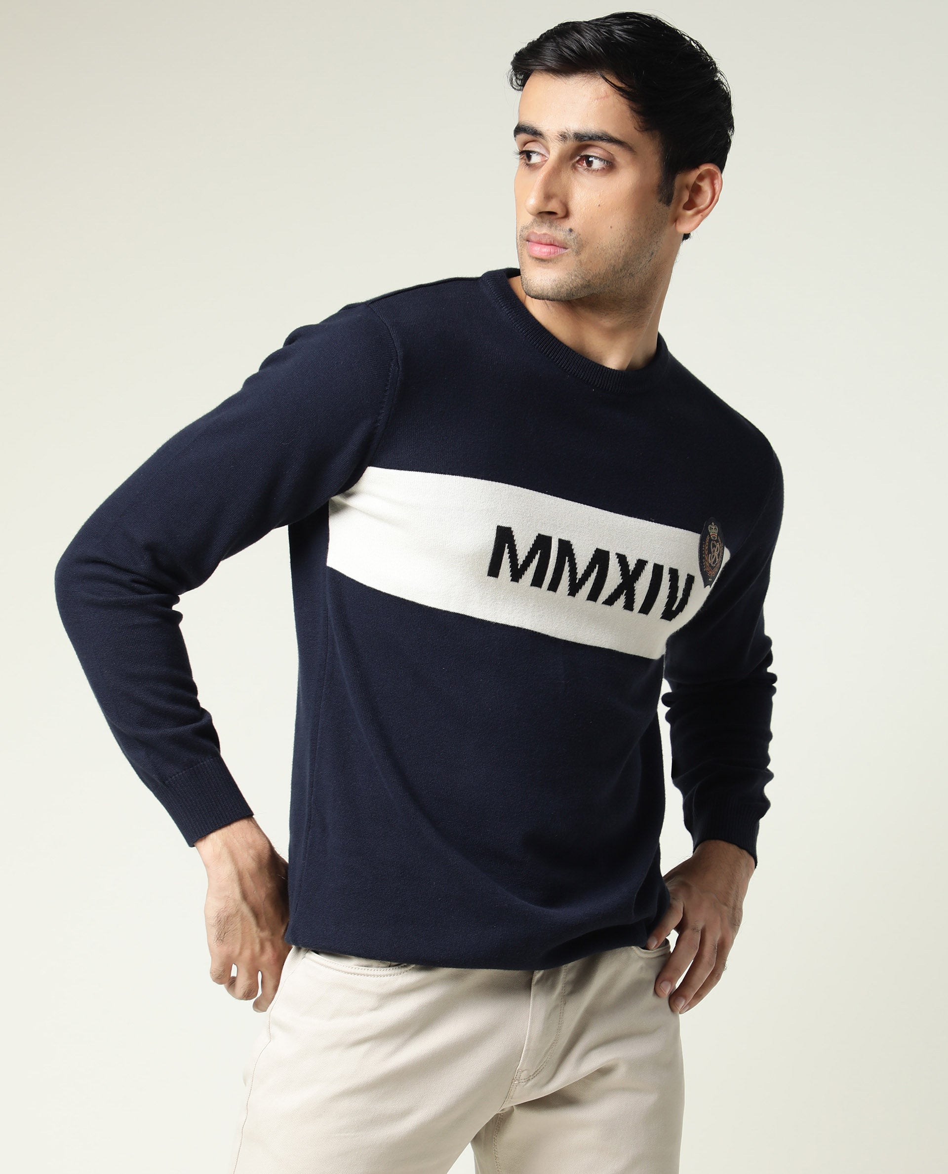 Rare Rabbit Since Primary Navy Pullover Cotton Fabric Full Sleeve Round Neck Slim Fit