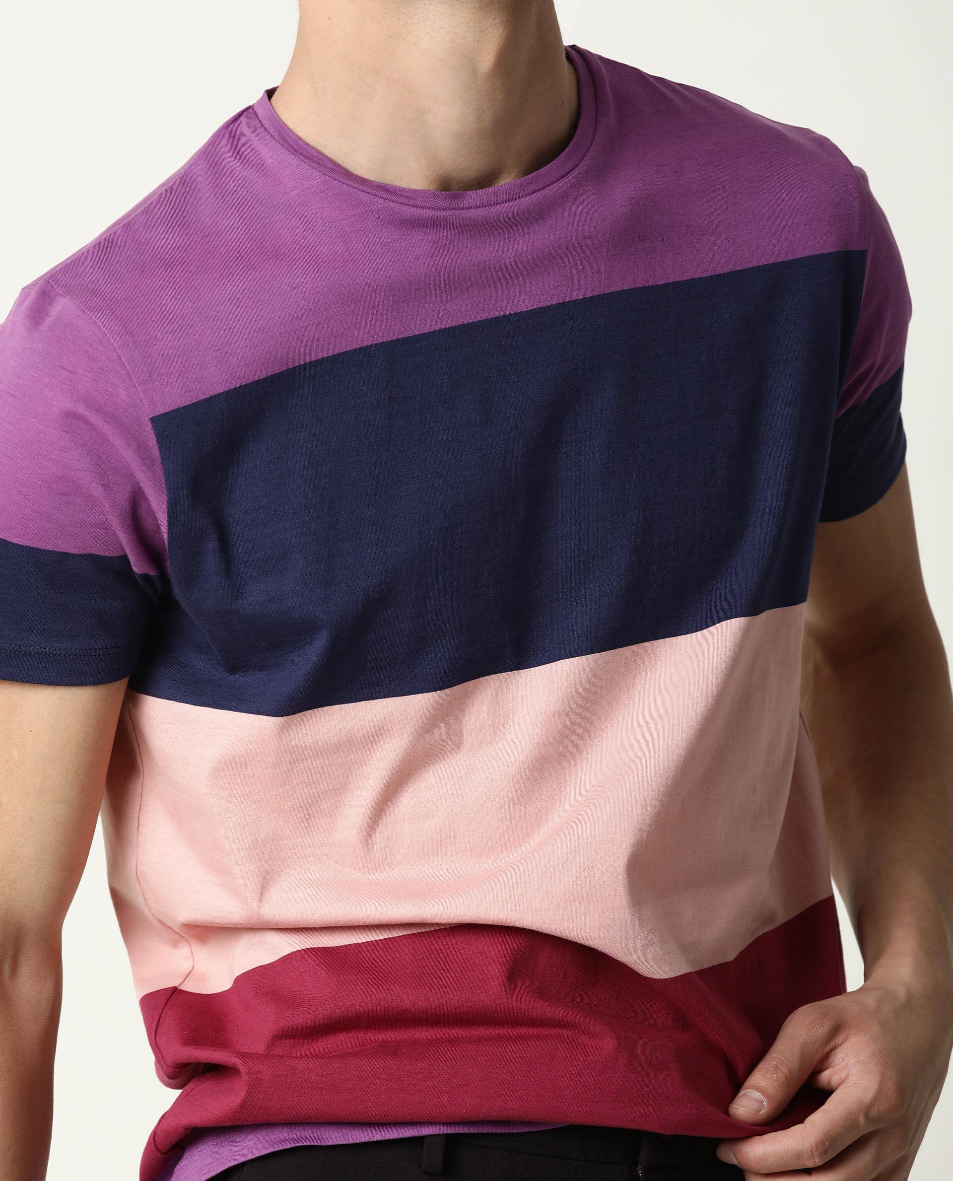 Rare Rabbit Men's Lemars Purple Cotton Fabric Crew Neck Half Sleeves Slim Fit Colorblock Stripe T-Shirt