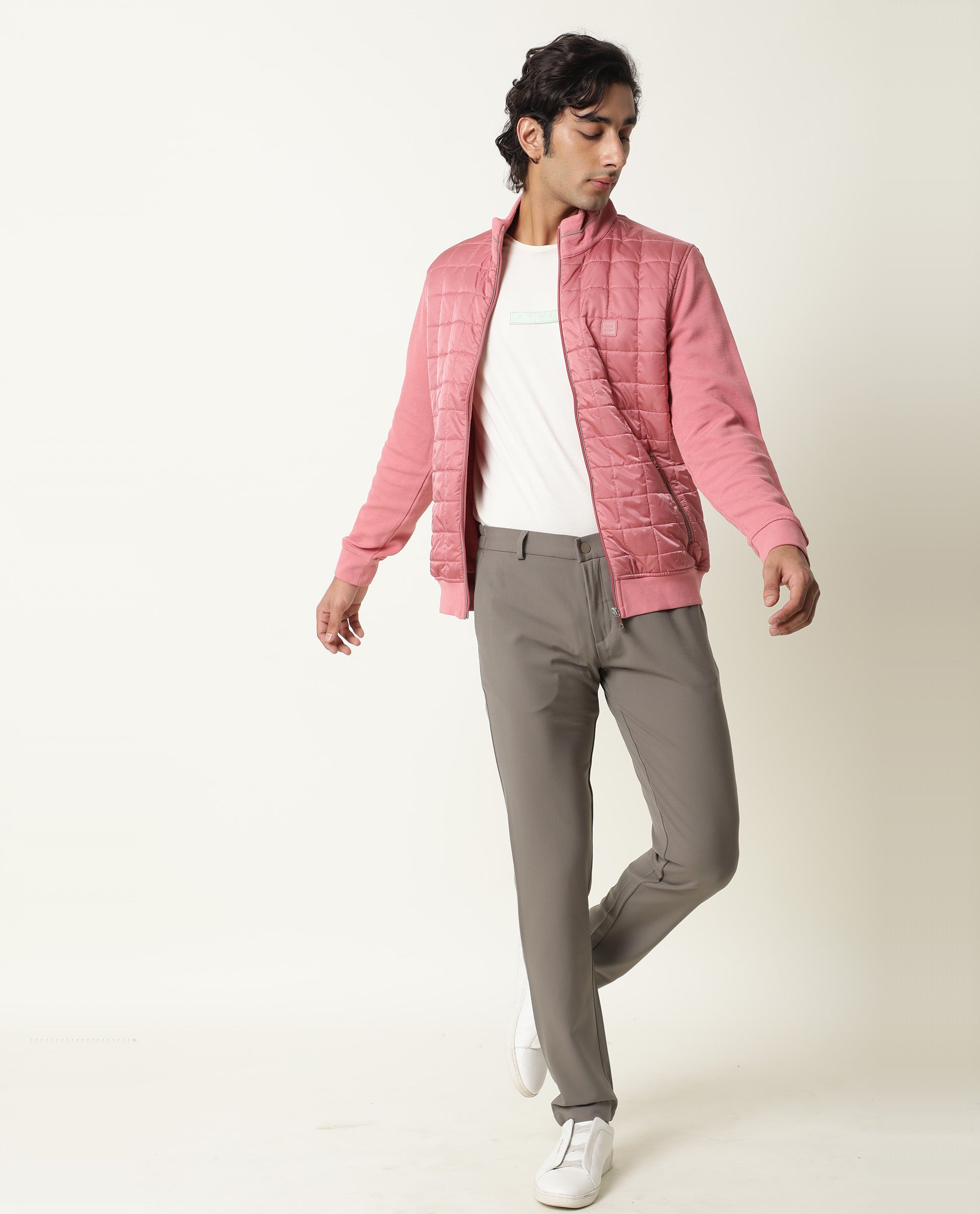 Rare Rabbit Men's Kneto Primary Pink Plain High Neck Puffer Jacket