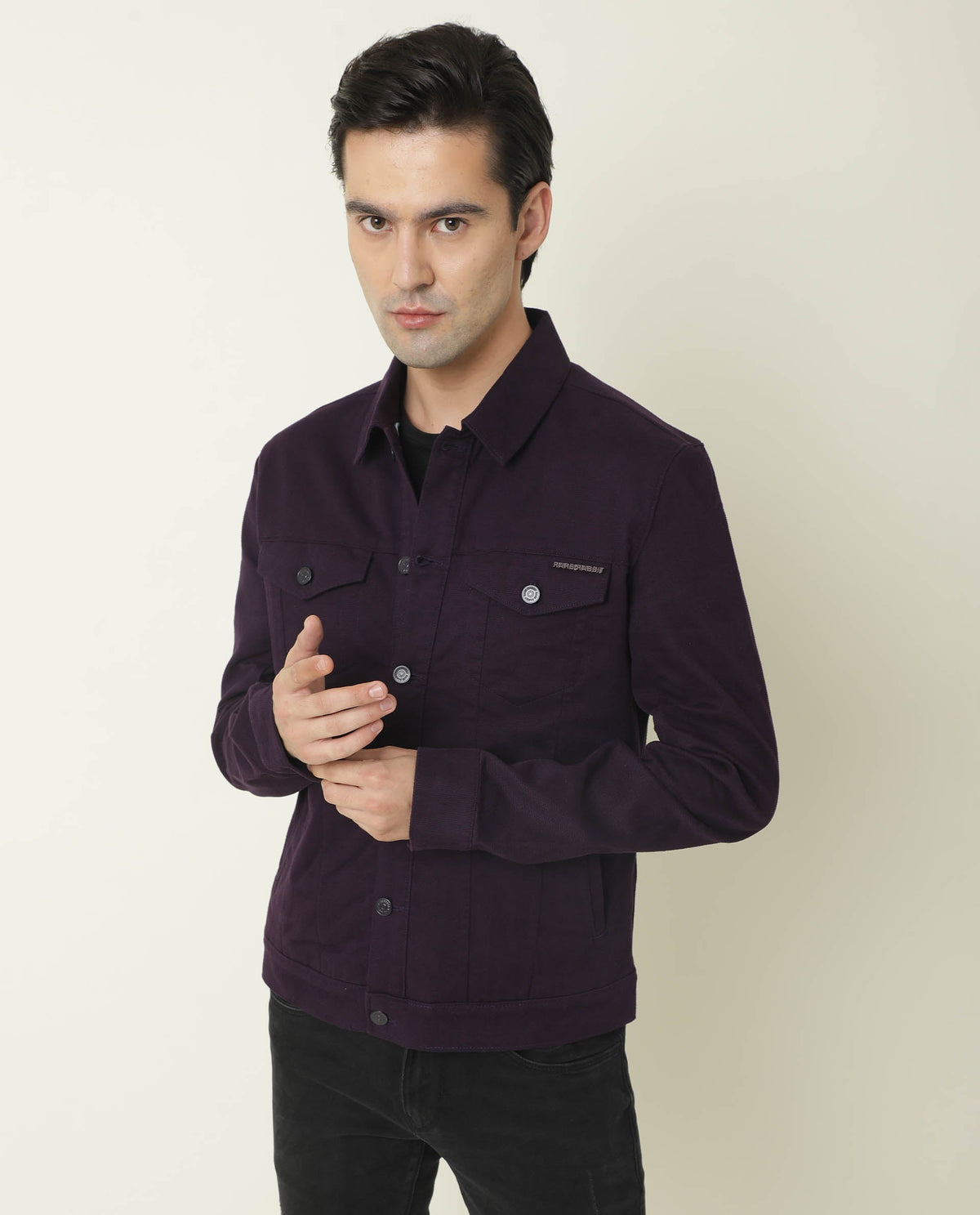 RARE RABBIT MEN'S VINTAGE PURPLE JACKET COTTON FABRIC COLLARED NECK FULL SLEEVES BUTTON CLOSURE SLIM FIT