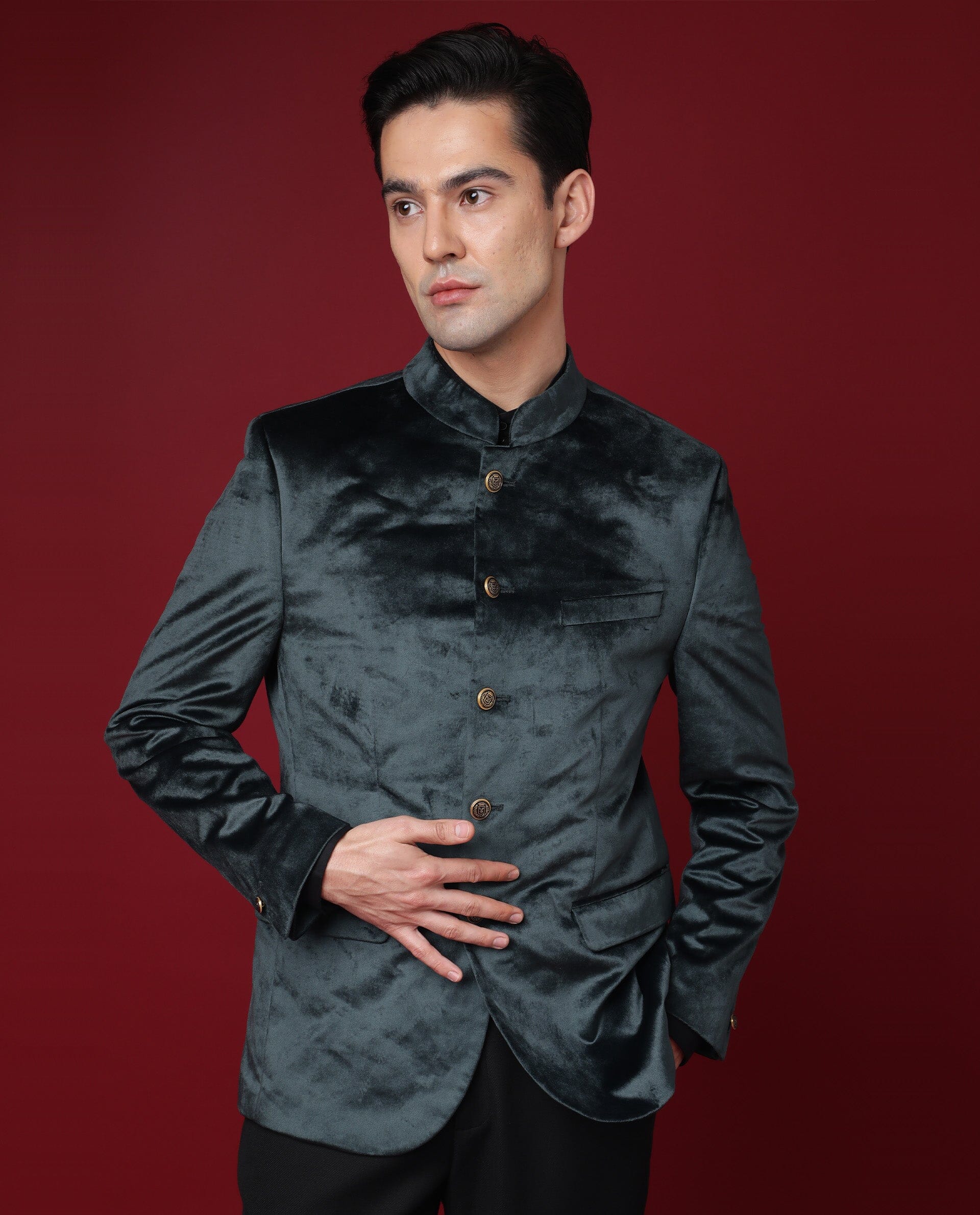 Rare Rabbit Men's Core Primary Green Mandarin Collar Full Sleeves Slim Fit Velvet Bandhgala