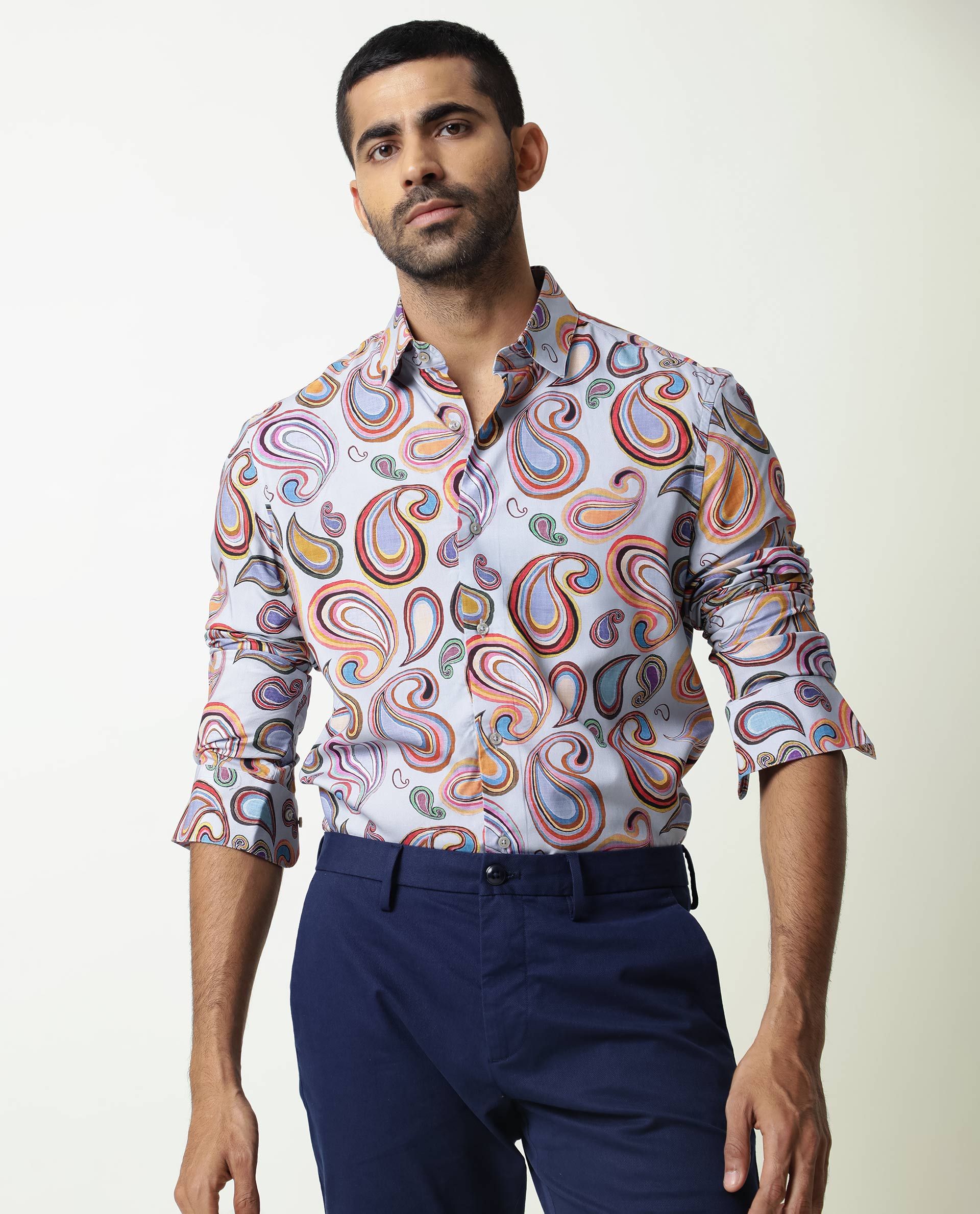 Rare Rabbit Men's Marsh Ls Blue Viscose Fabric Paisley Print Full Sleeves Shirt