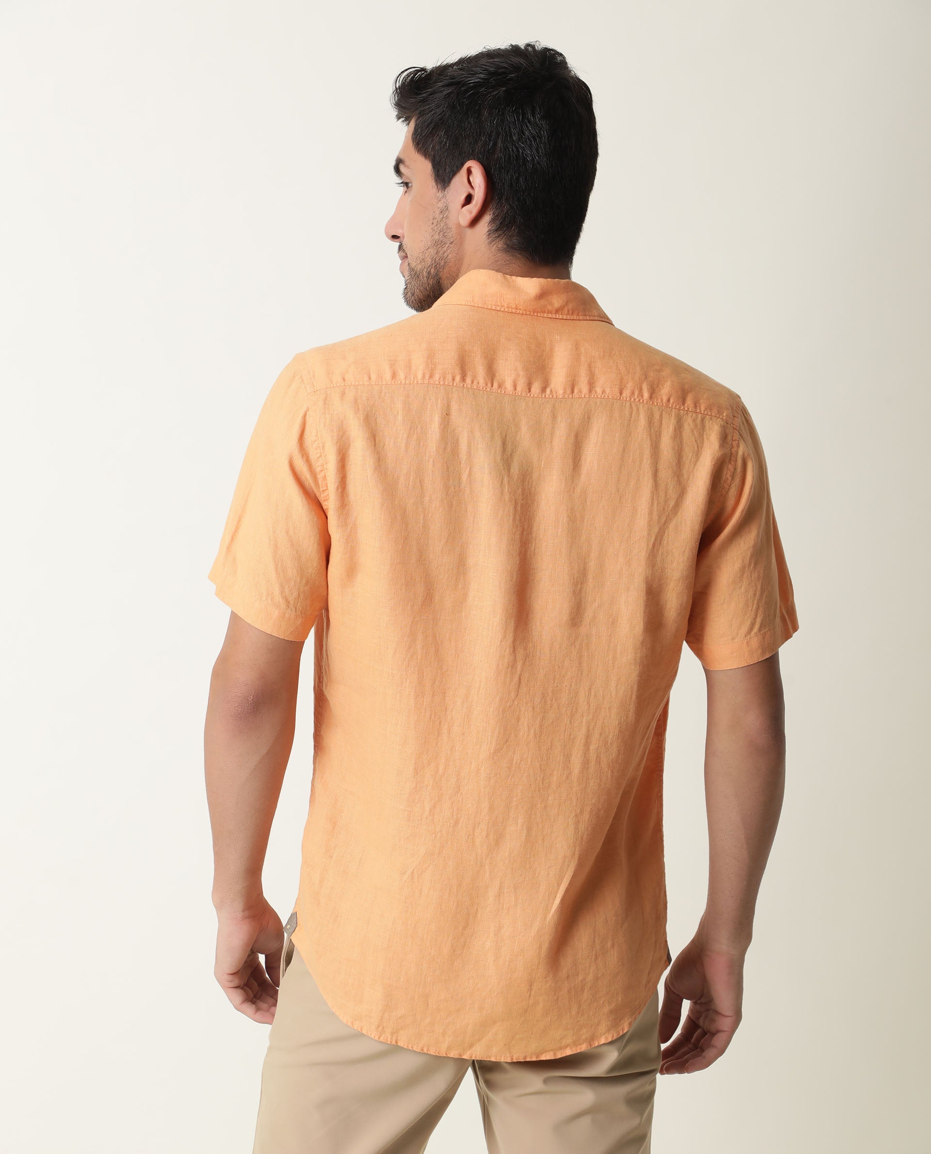Rare Rabbit Men's Flax Ss Orange Linen Fabric Half Sleeves Solid Shirt