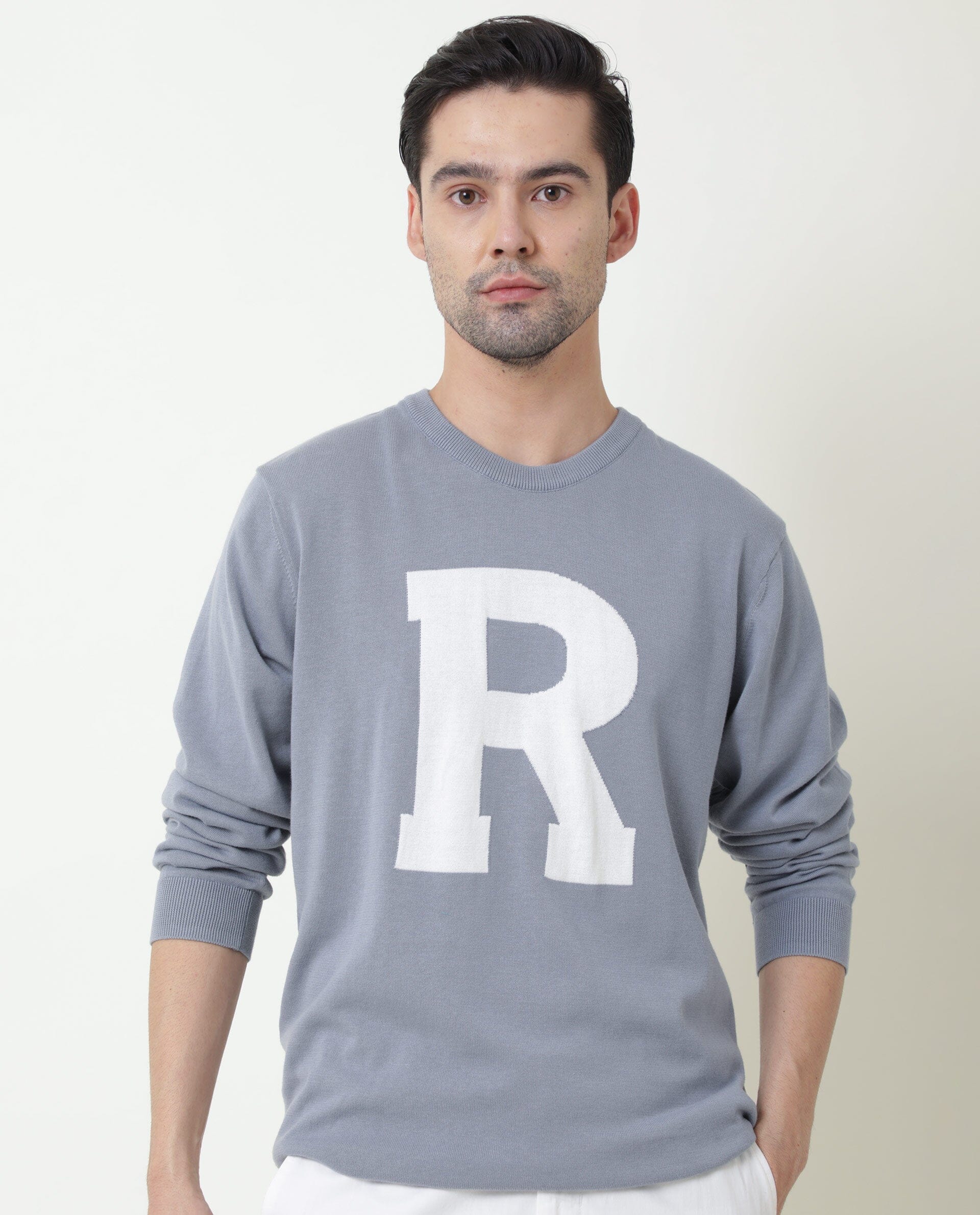 Rare Rabbit Avitt Primary Blue Pullover Cotton Fabric Full Sleeve Round Neck Slim Fit