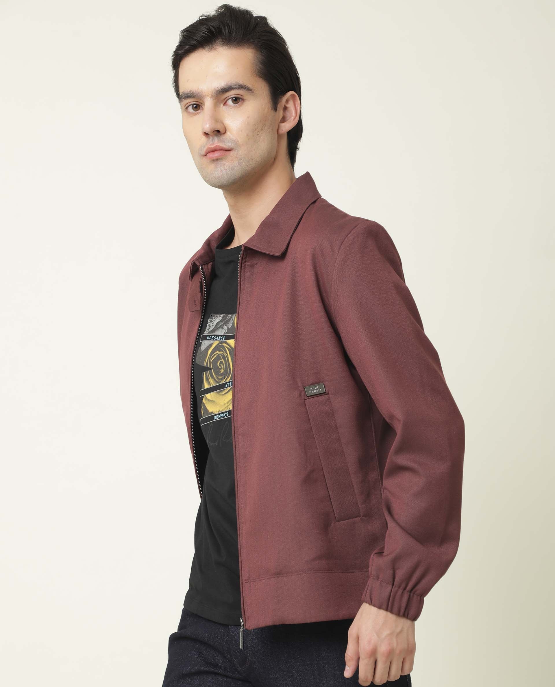 Rare Rabbit Men's Bric Dark Maroon Plain Broad Collar Structured Jacket