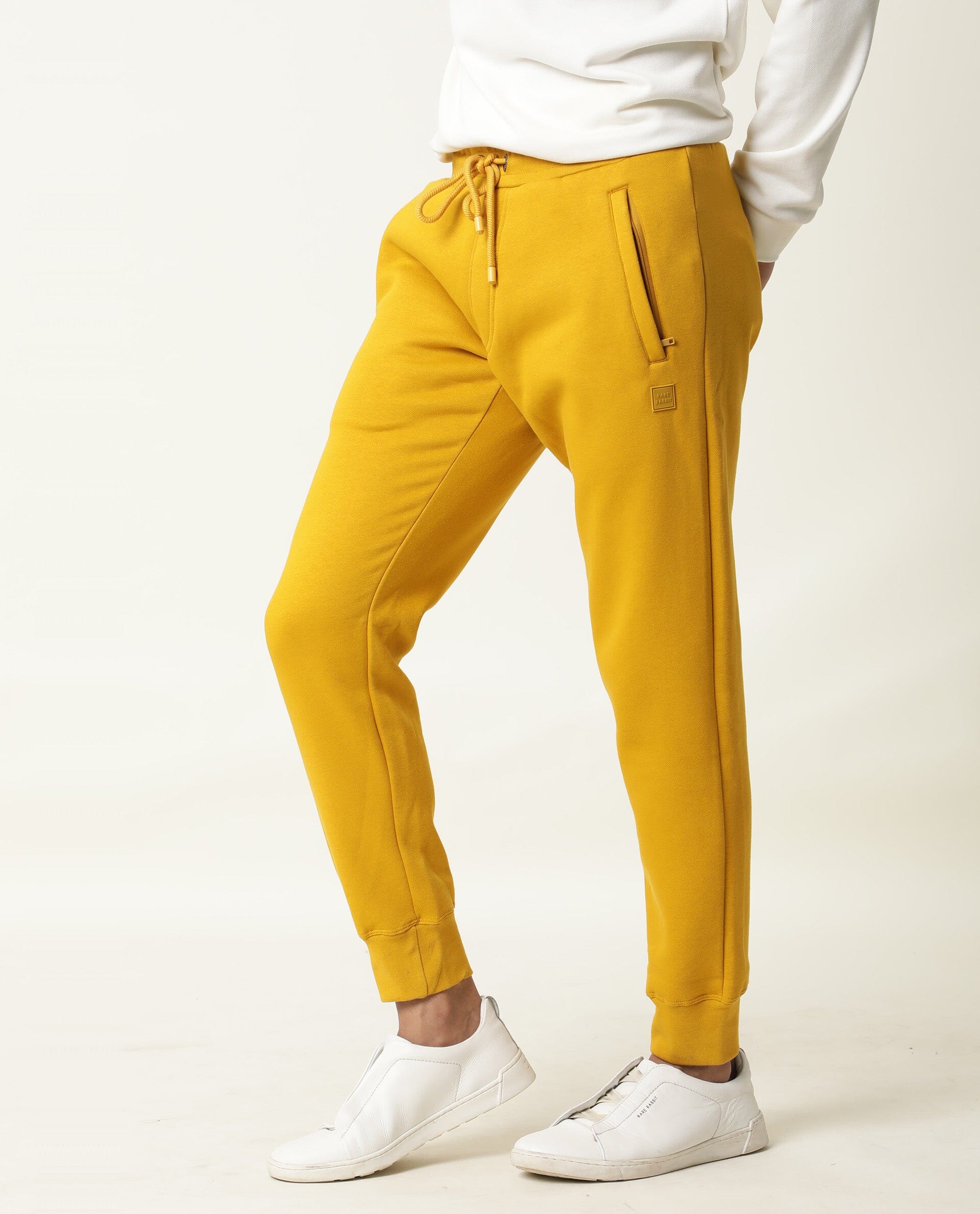 Rare Rabbit Panama Light Yellow Track Pant Cotton Poly Fabric Slim Fit Drawsting Closure