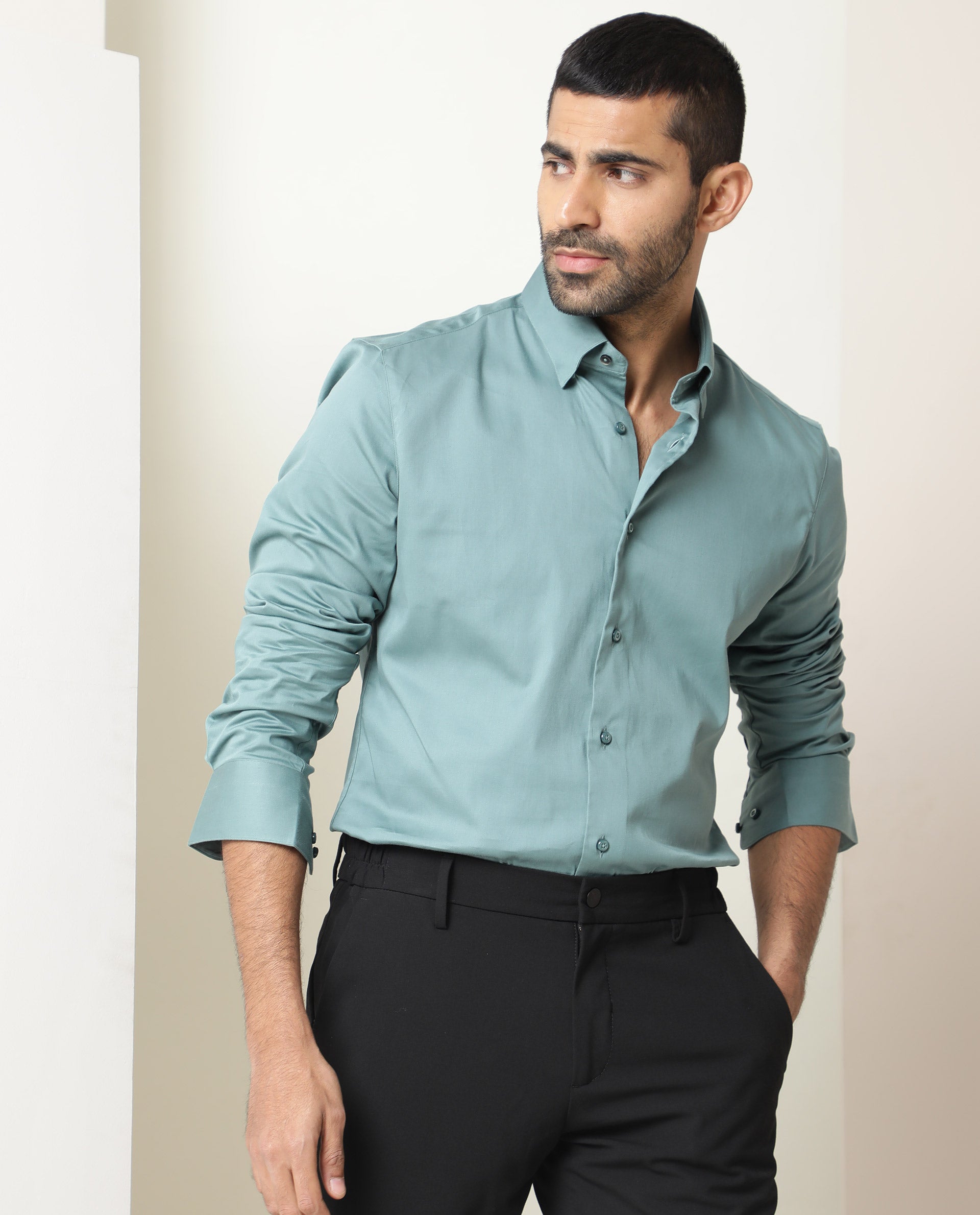 Rare Rabbit Men's Como Green Satin Fabric Button Down Collar Full Sleeves Solid Formal Shirt