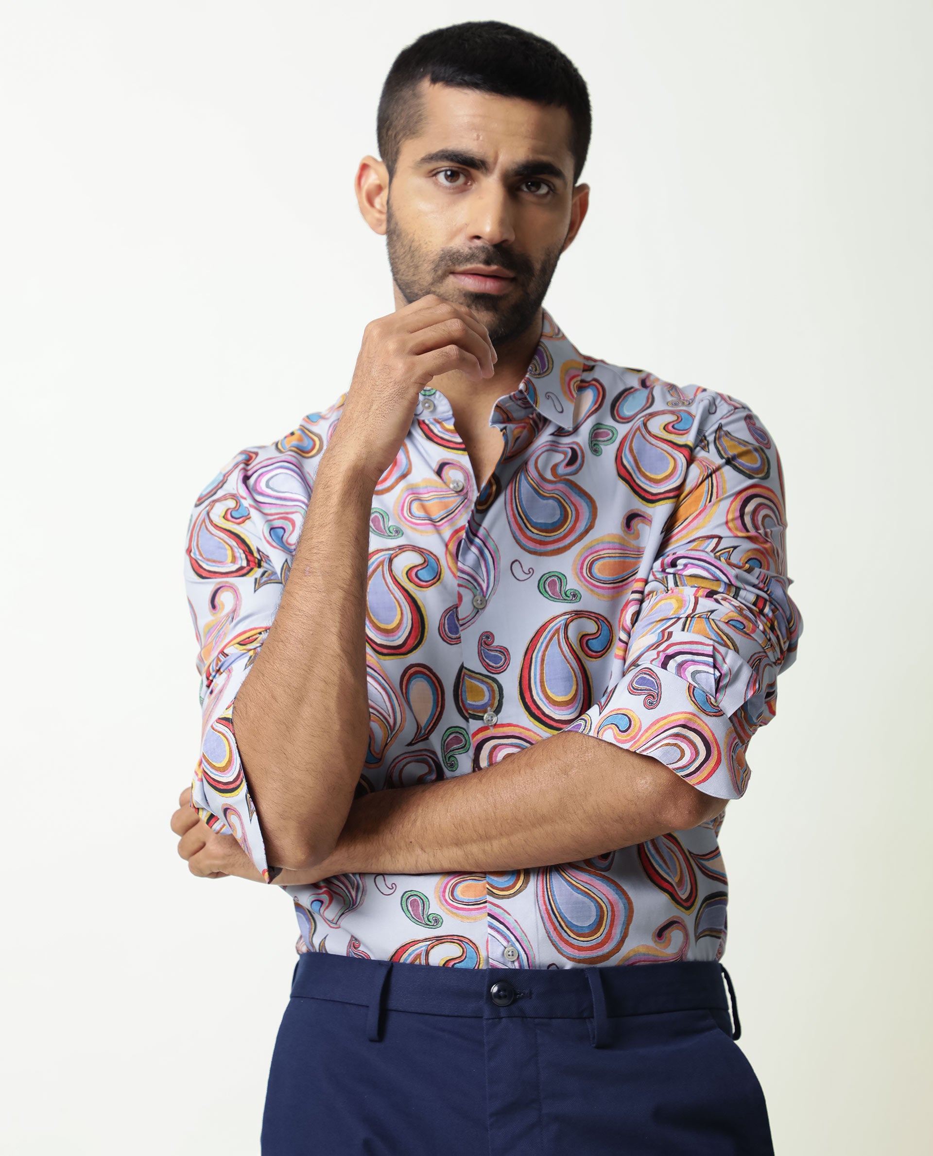Rare Rabbit Men's Marsh Ls Blue Viscose Fabric Paisley Print Full Sleeves Shirt