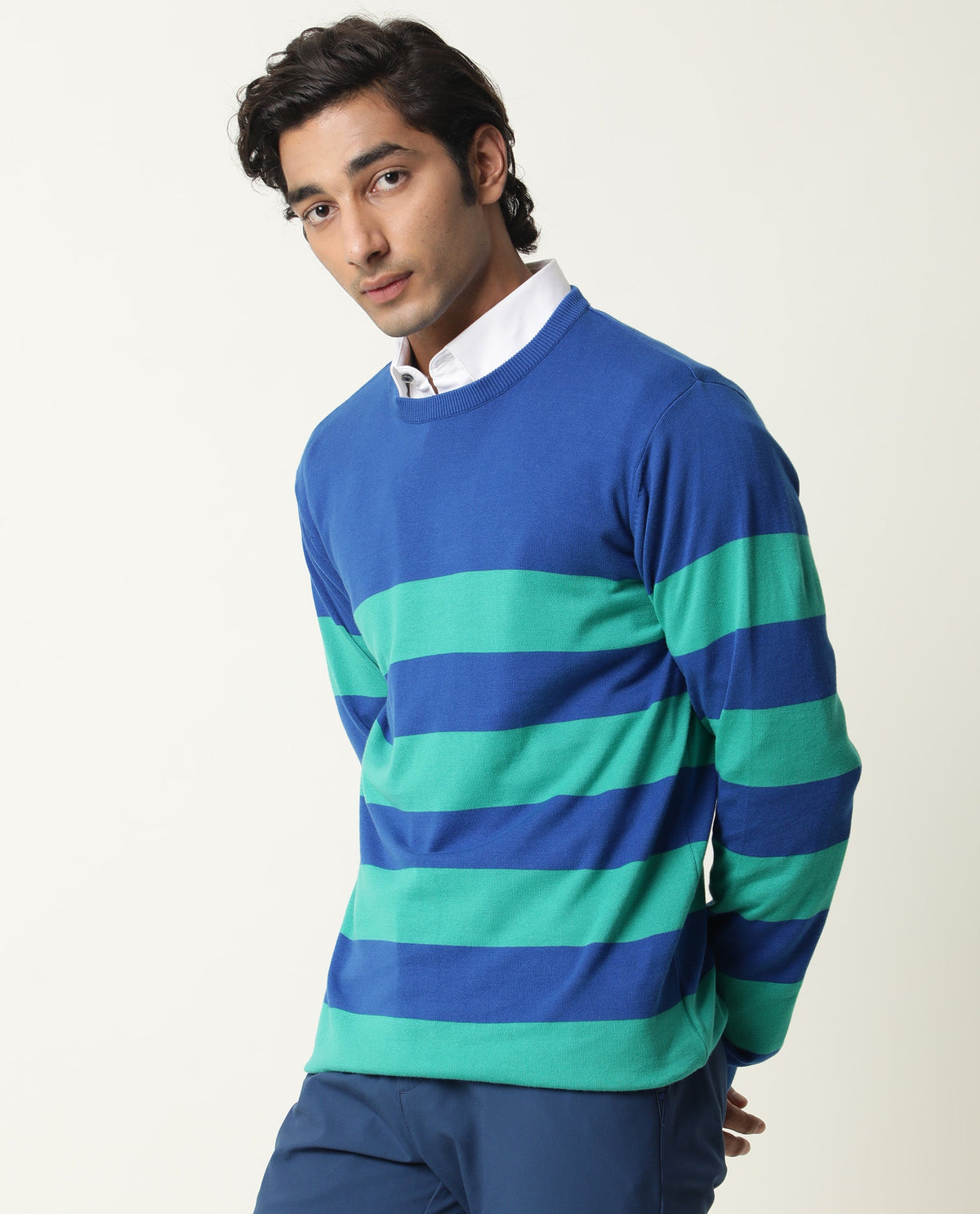 Rare Rabbit Marri Primary Green Sweater Cotton Fabric Full Sleeve Round Neck Slim Fit