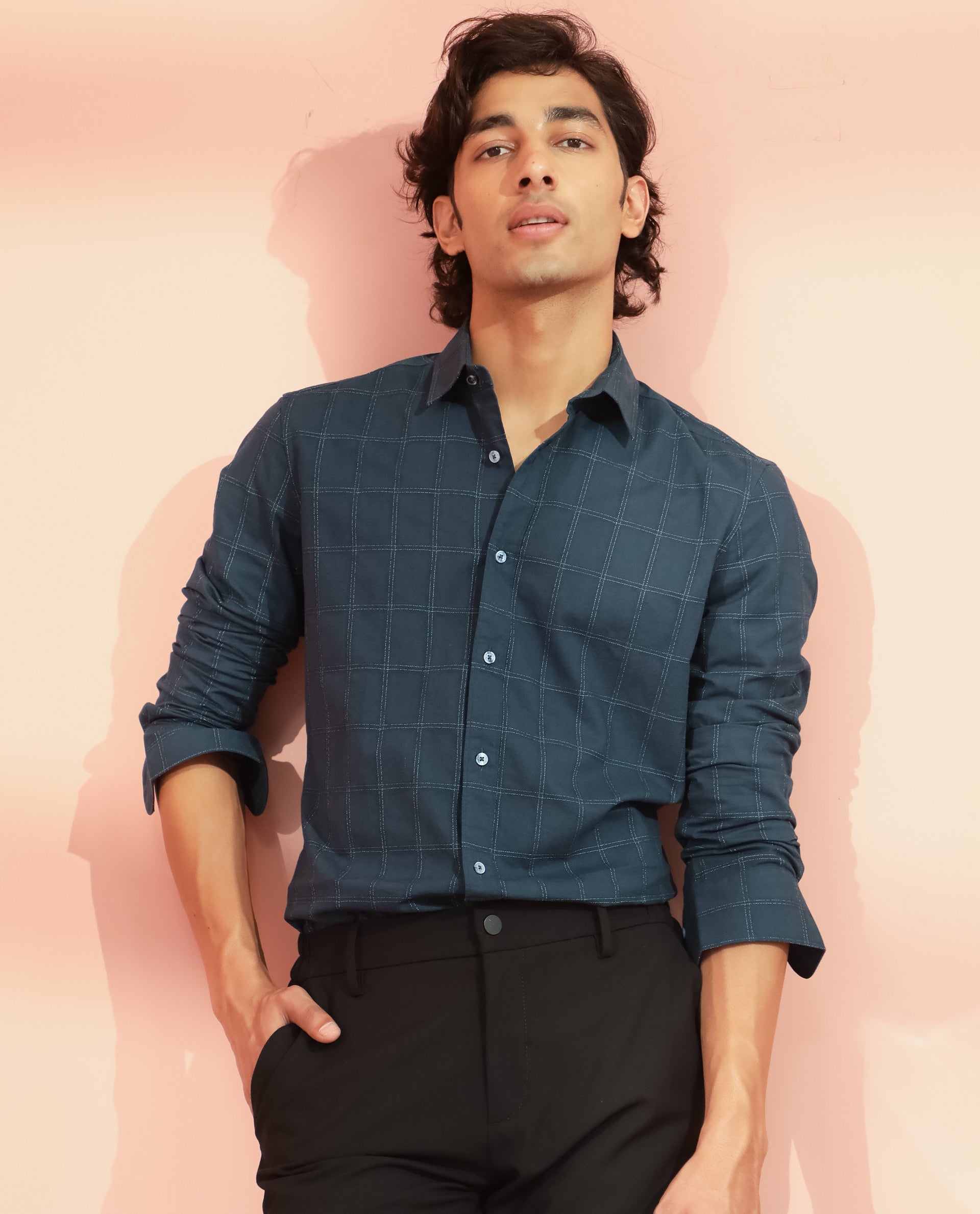 Rare Rabbit Men's Hecker Petrol Cotton Fabric Full Sleeves Dobby Checks Shirt