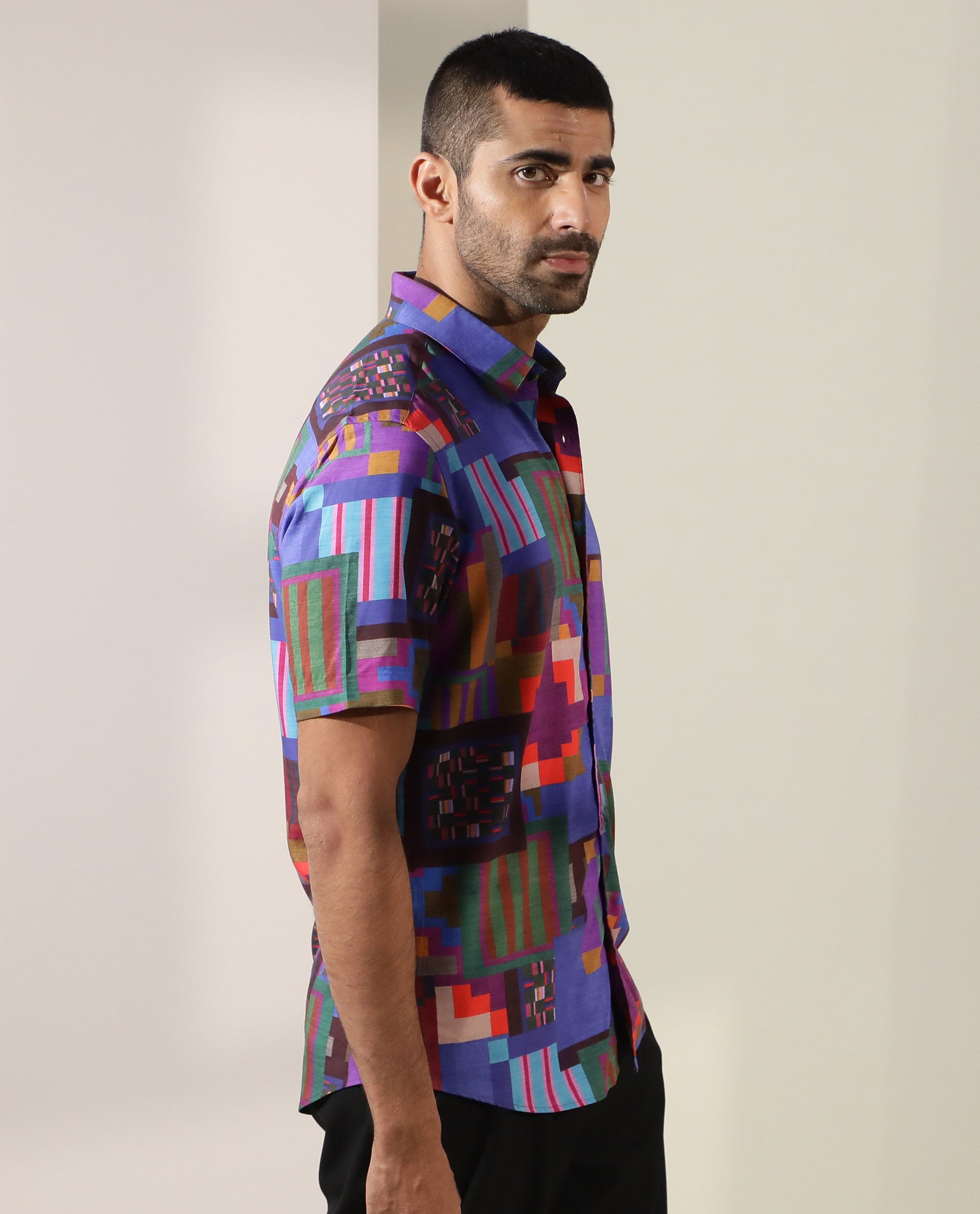 Rare Rabbit Men's Circon Multi Viscose Fabric Half Sleeves Geometric Print Shirt