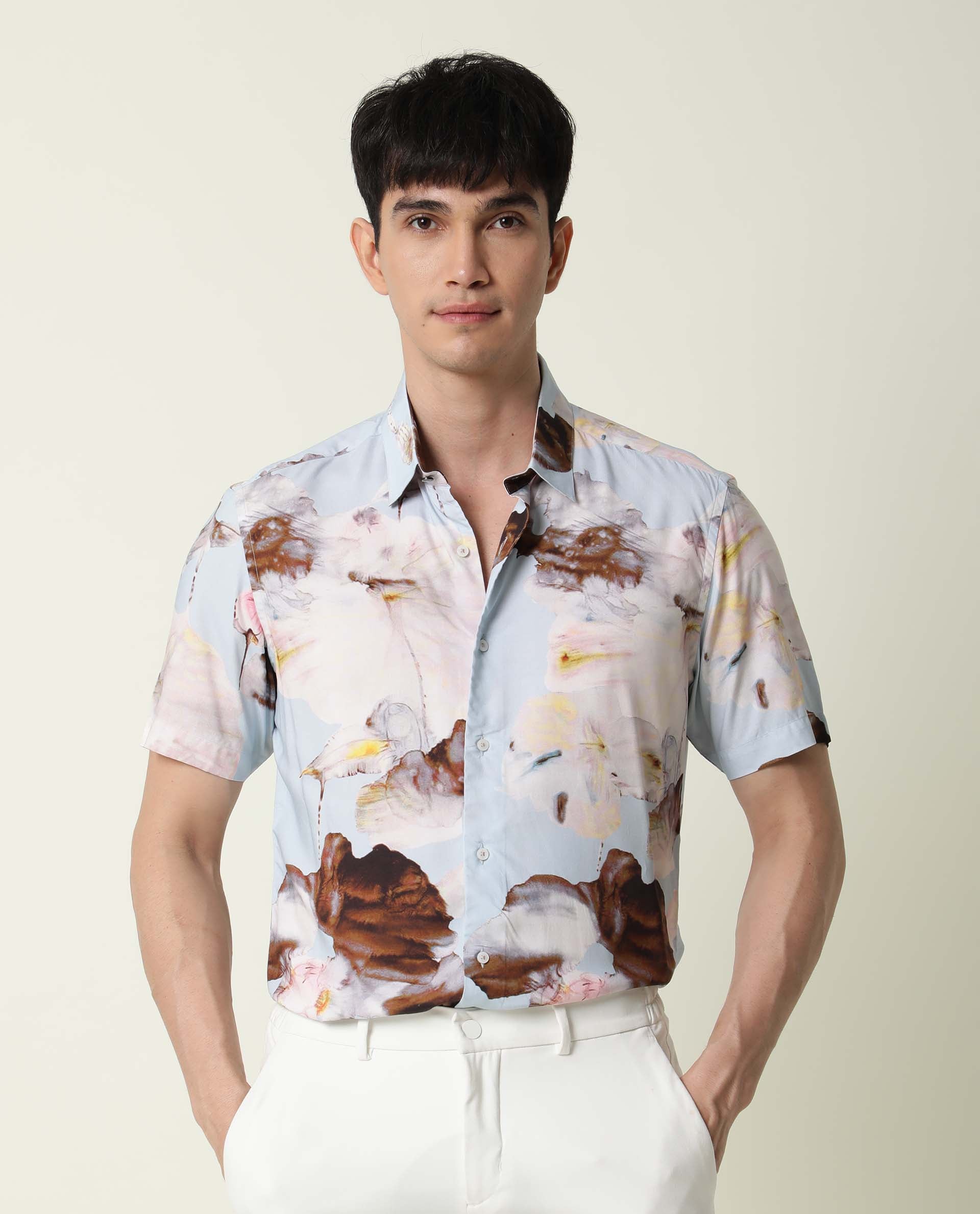 RARE RABBIT MEN'S BREEZY BLUE SHIRT VISCOSE FABRIC COLLARED NECK HALF SLEEVES BUTTON CLOSURE SLIM FIT