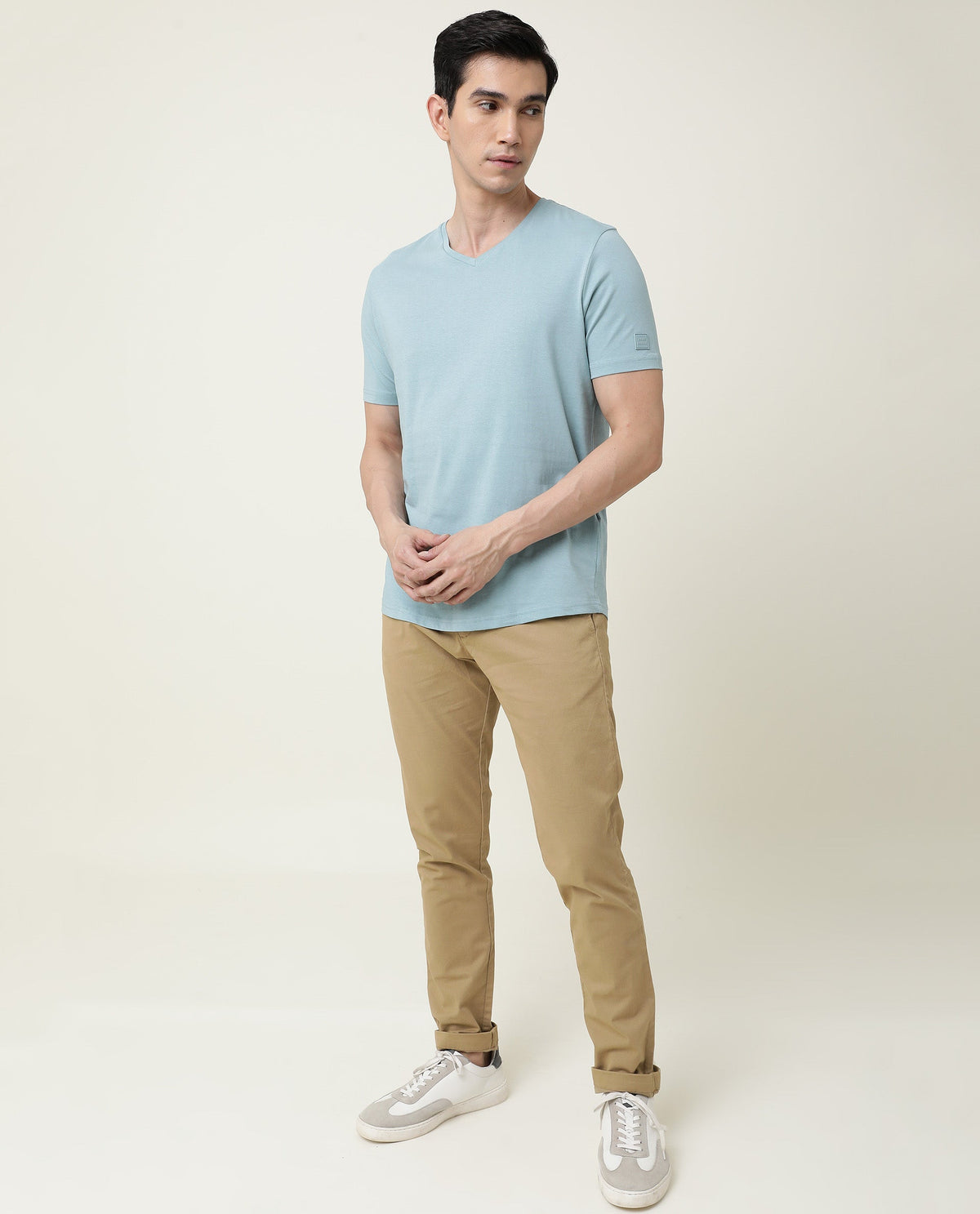 Rare Rabbit Entre Primary Blue Solid V-Neck With Branding on Sleeves Half Sleeves Regular Fit T-Shirt