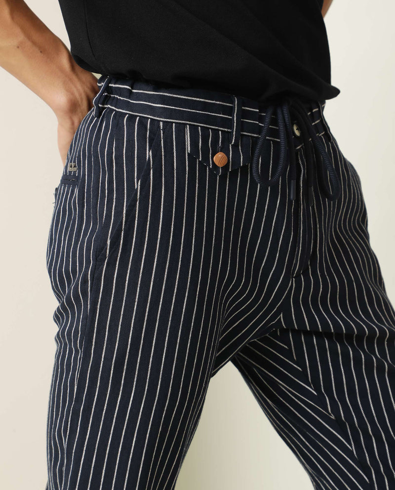 Rare Rabbit Men's Banet Navy Mid-Rise Regular Fit Striped Linen Trouser