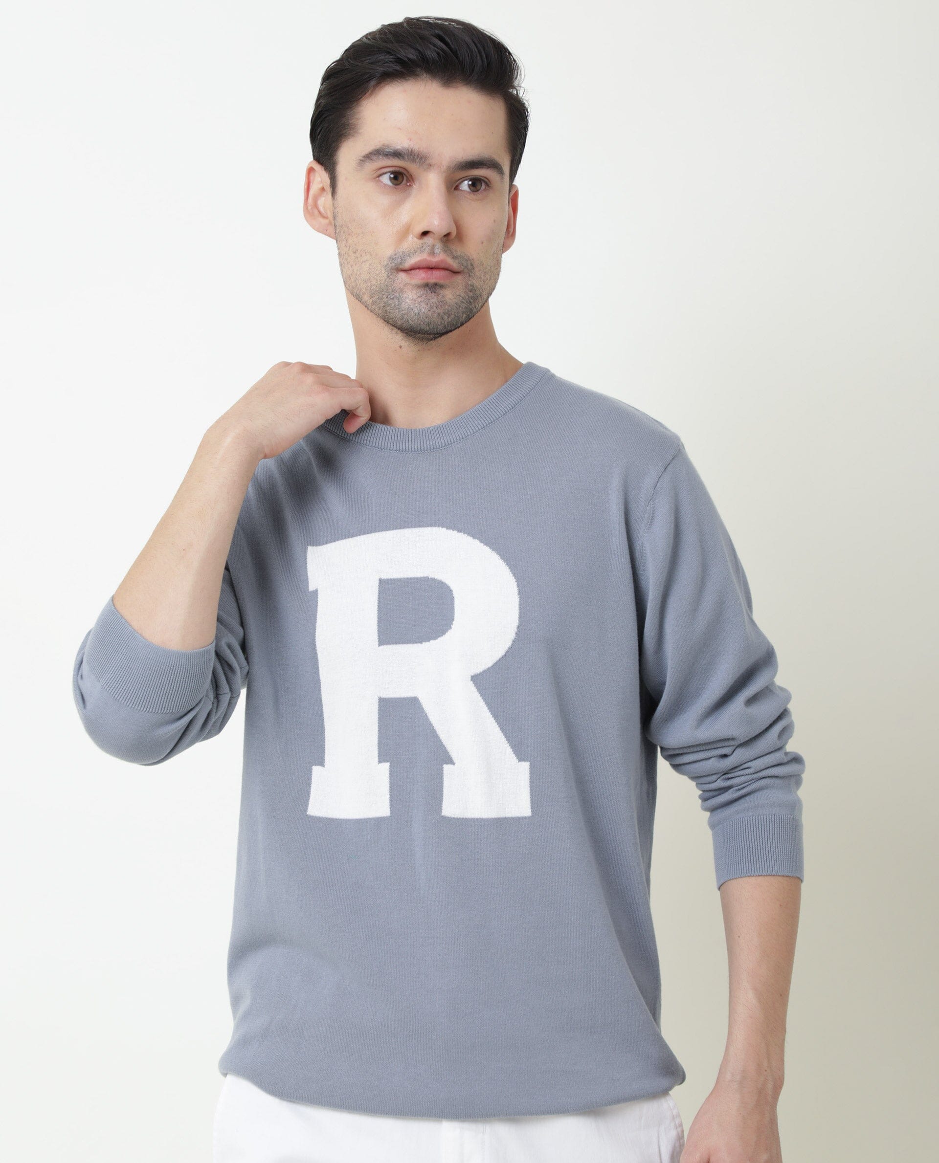 Rare Rabbit Avitt Primary Blue Pullover Cotton Fabric Full Sleeve Round Neck Slim Fit