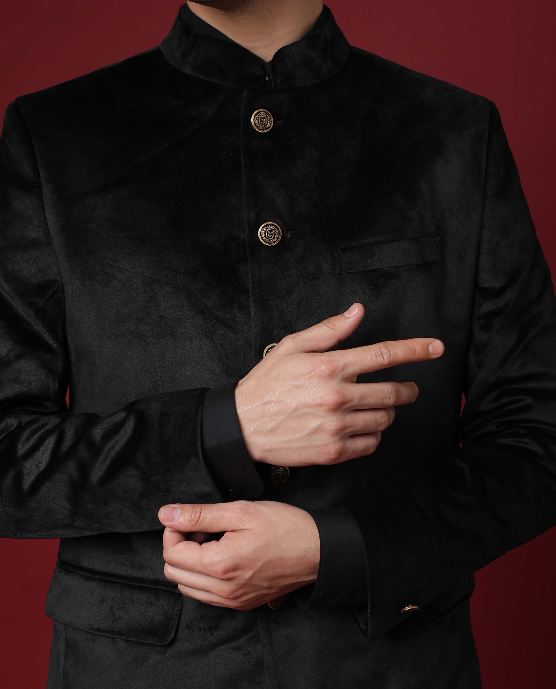 Rare Rabbit Men's Core Black Mandarin Collar Full Sleeves Slim Fit Velvet Bandhgala