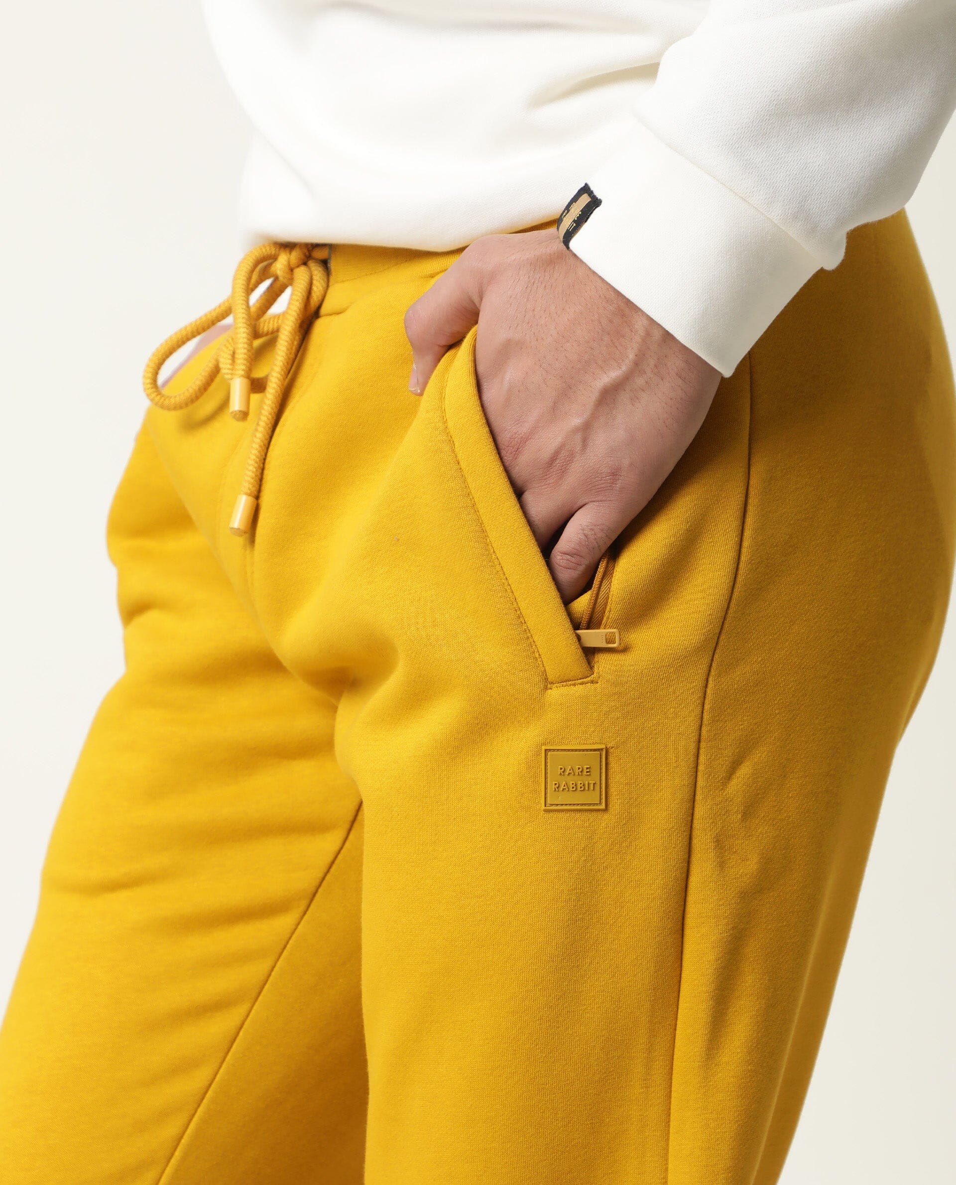 Rare Rabbit Panama Light Yellow Track Pant Cotton Poly Fabric Slim Fit Drawsting Closure