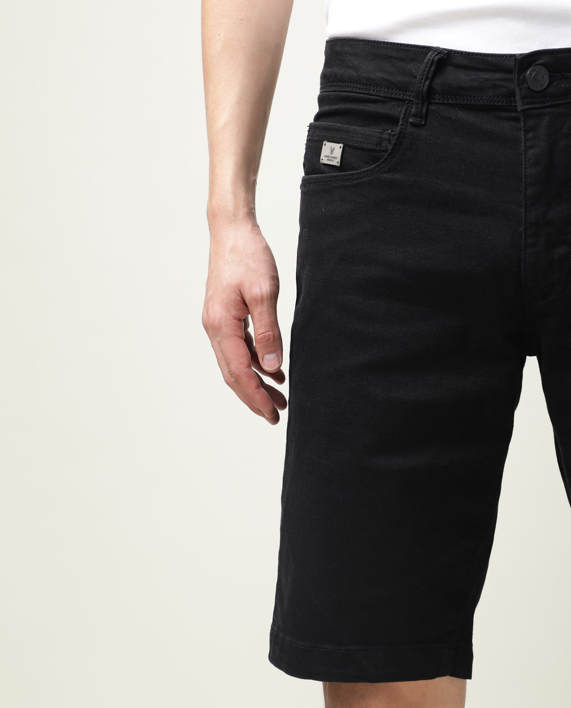 Rare Rabbit Mens Switch Black Slim Fit Mid Rise Knee Length Solid Shorts