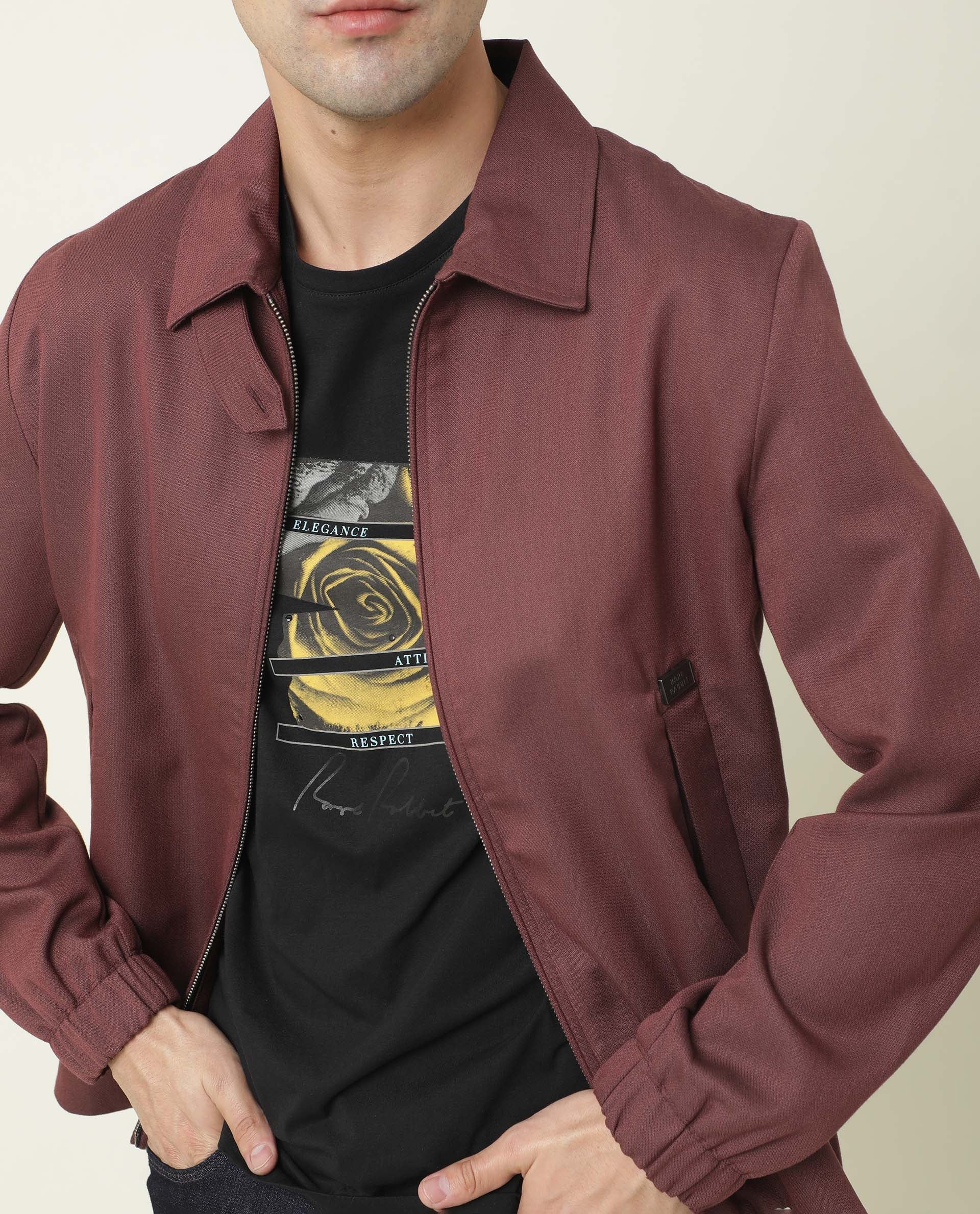 Rare Rabbit Men's Bric Dark Maroon Plain Broad Collar Structured Jacket