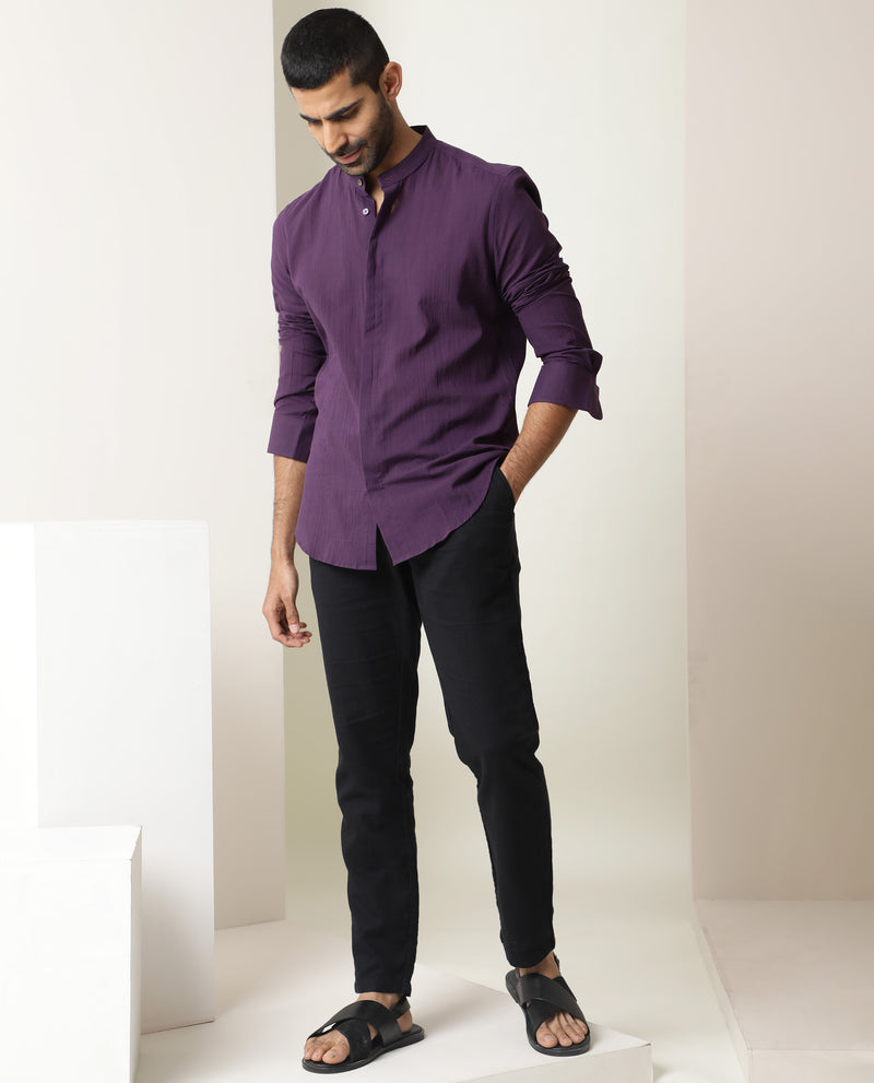 Rare Rabbit Men's Crinckle Purple Cotton Fabric Mandarin Collar Full Sleeves Solid Shirt