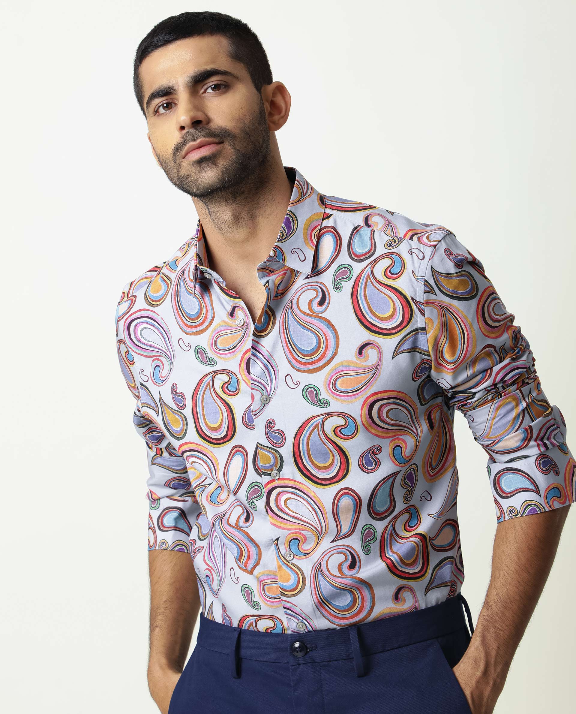 Rare Rabbit Men's Marsh Ls Blue Viscose Fabric Paisley Print Full Sleeves Shirt