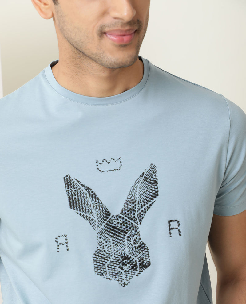Rare Rabbit Men's Stud Blue Cotton Fabric Crew Neck Half Sleeves Regular Fit Graphic Printed Logo T-Shirt