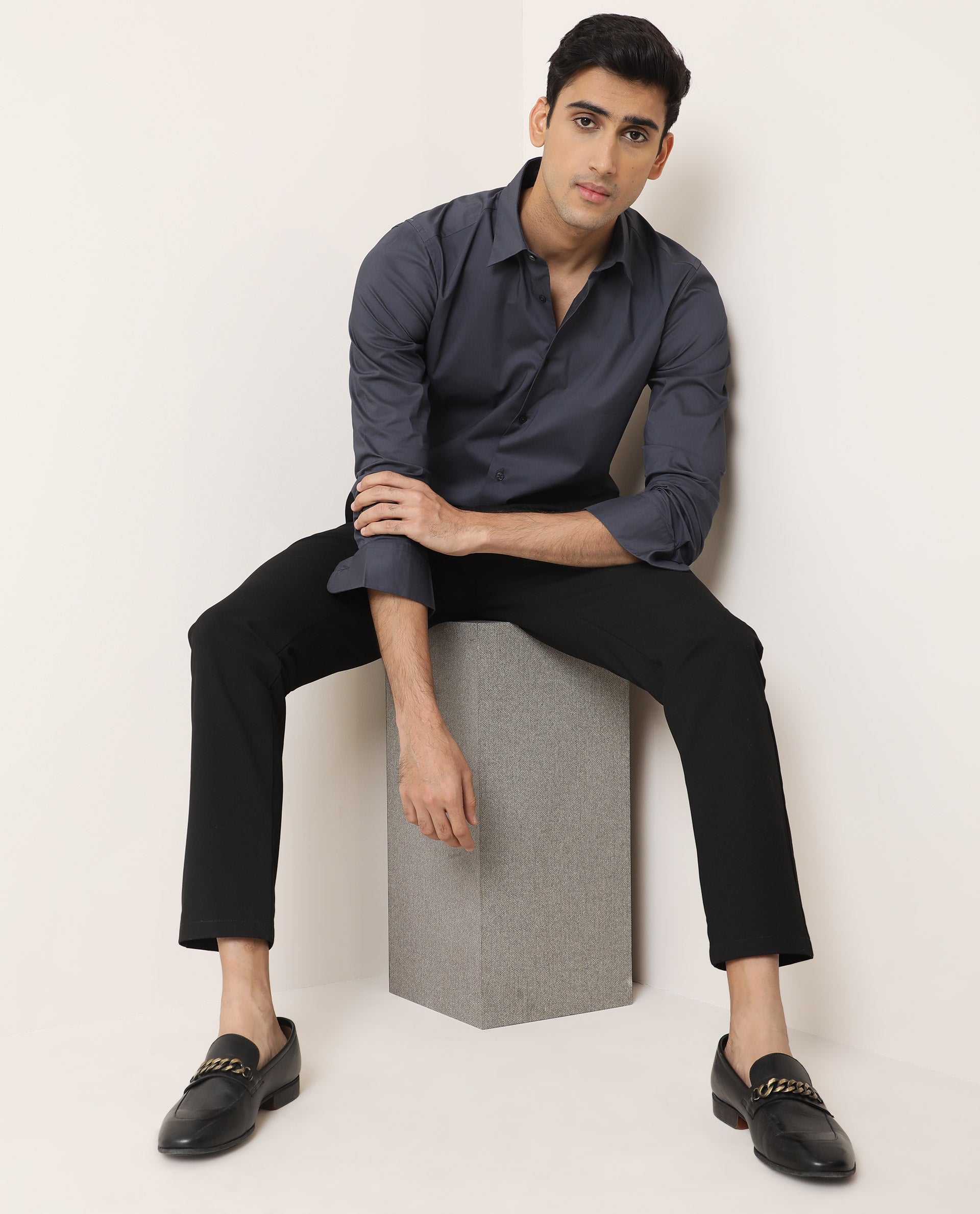 Rare Rabbit Mens Benedict Dark Grey Cotton Stretch Drop Collar Full Sleeve Solid Shirt