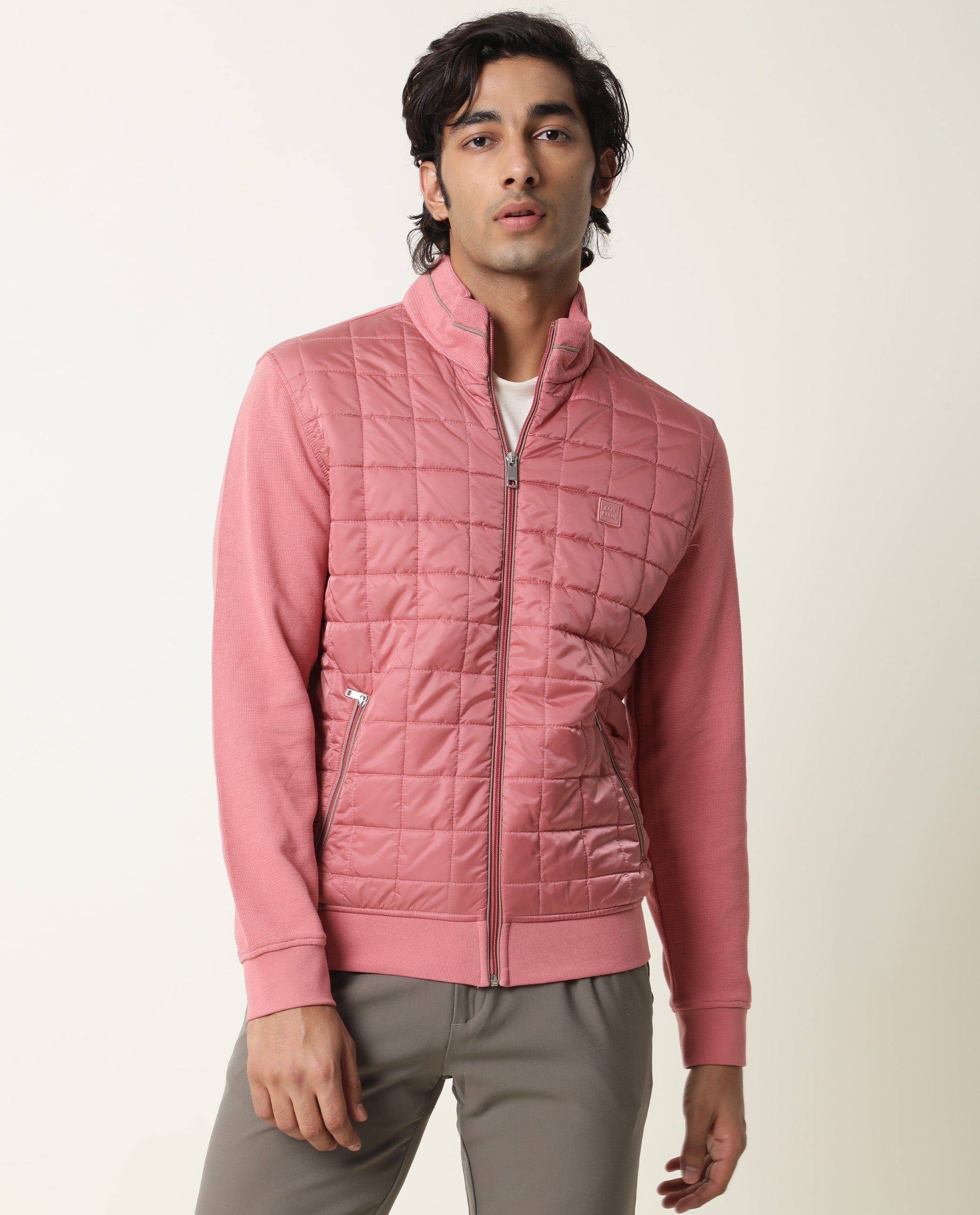 Rare Rabbit Men's Kneto Primary Pink Plain High Neck Puffer Jacket
