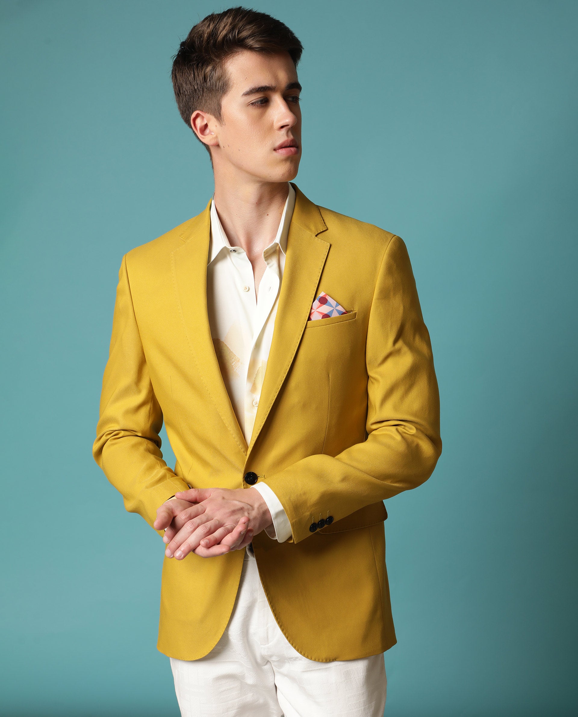 Rare Rabbit Men's Bart Mustard Polyester Viscose Fabric Notch Lapel Single Breasted Tailored Fit Solid Blazer