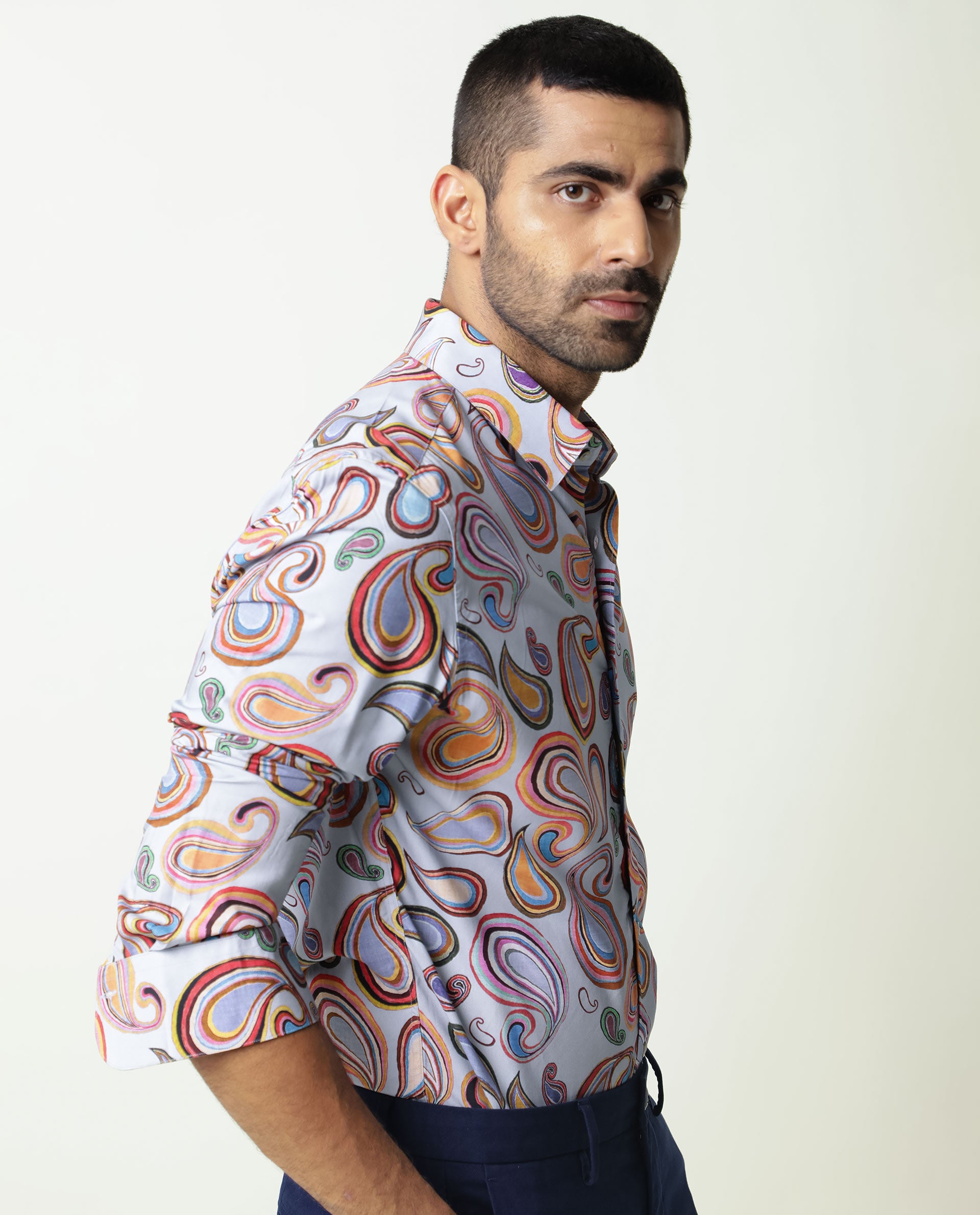 Rare Rabbit Men's Marsh Ls Blue Viscose Fabric Paisley Print Full Sleeves Shirt