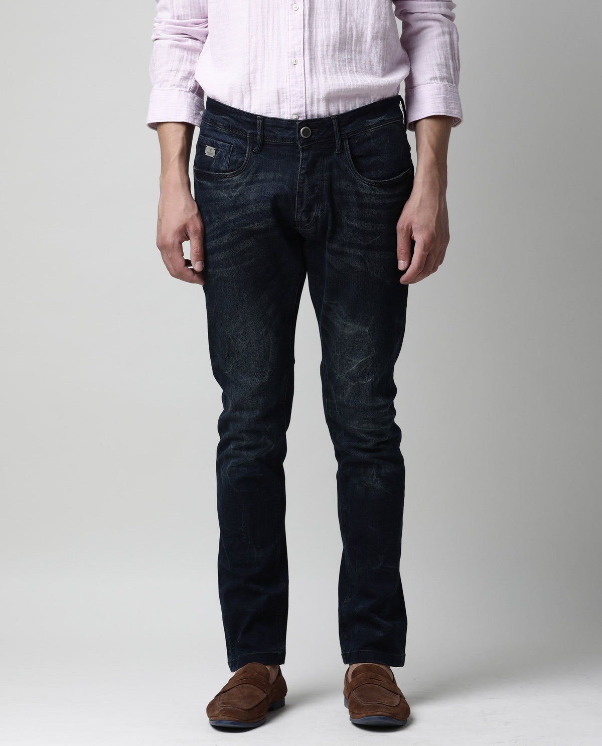 Rare Rabbit Men'S Kobe Blue Jeans Pant Cotton Viscose Fabric Slim Fit Mid-Rise Waist Button & Zip Closure