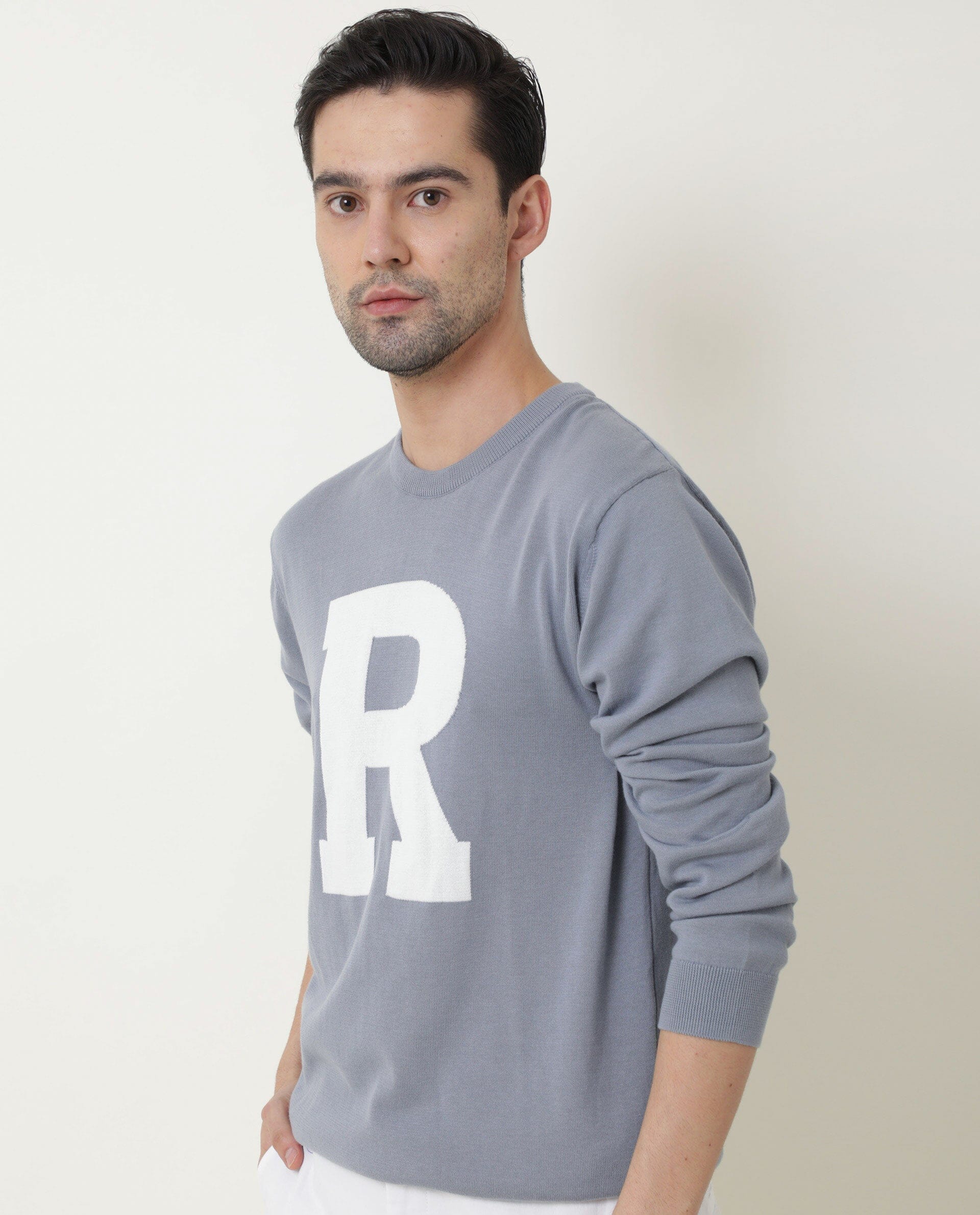 Rare Rabbit Avitt Primary Blue Pullover Cotton Fabric Full Sleeve Round Neck Slim Fit