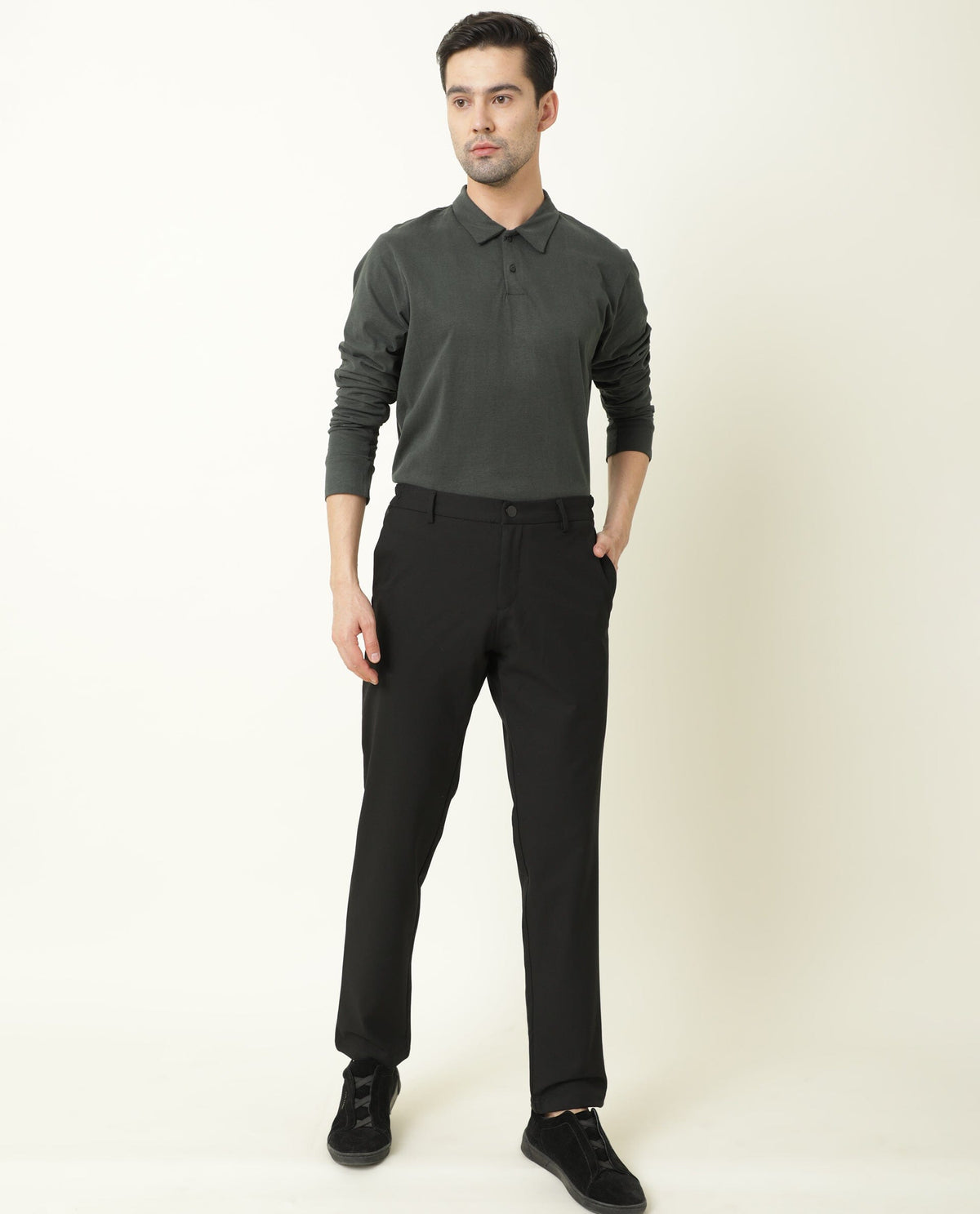 Rare Rabbit Men's Travel-2 Black Solid Mid-Rise Slim Fit Stretch Trousers