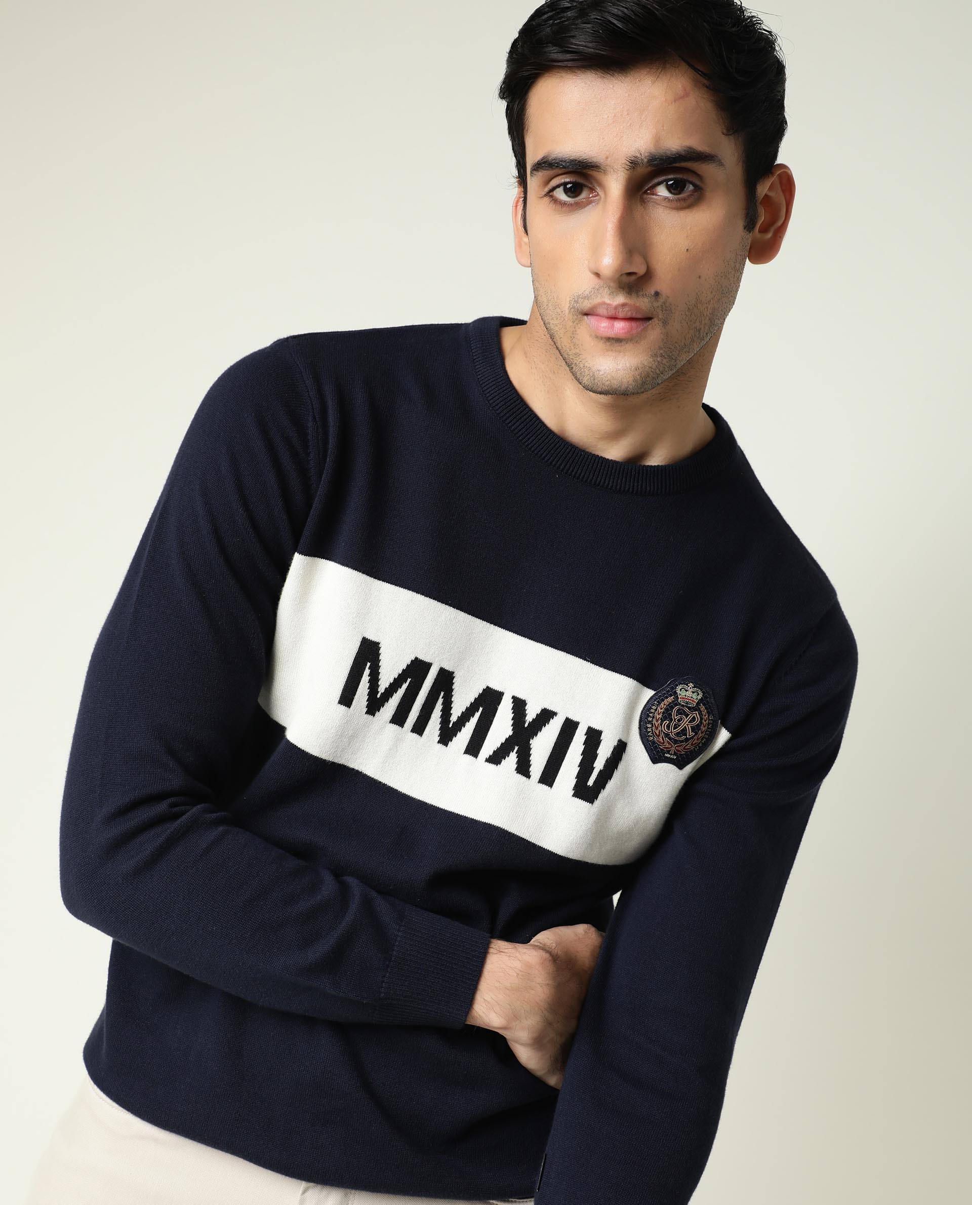 Rare Rabbit Since Primary Navy Pullover Cotton Fabric Full Sleeve Round Neck Slim Fit