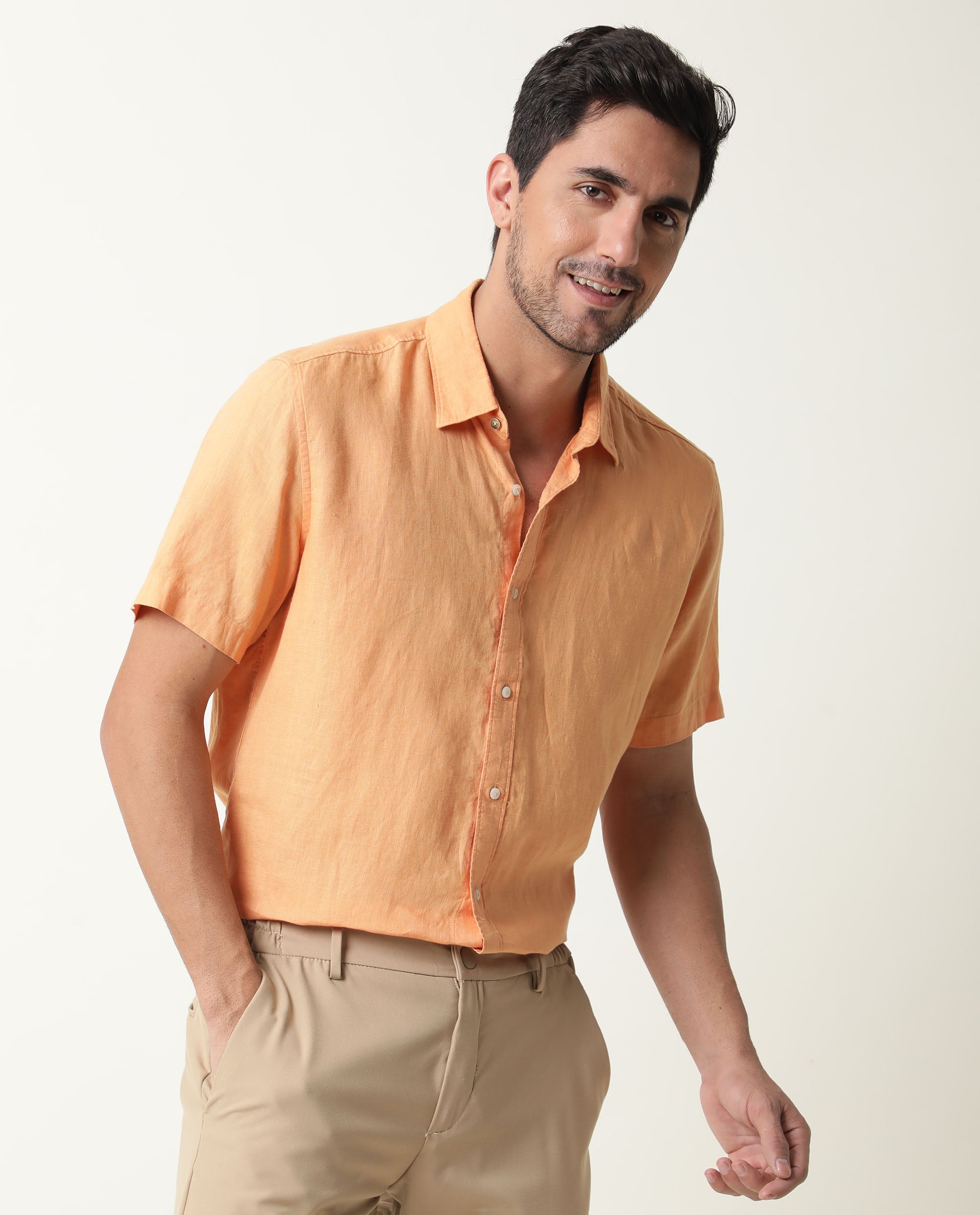 Rare Rabbit Men's Flax Ss Orange Linen Fabric Half Sleeves Solid Shirt