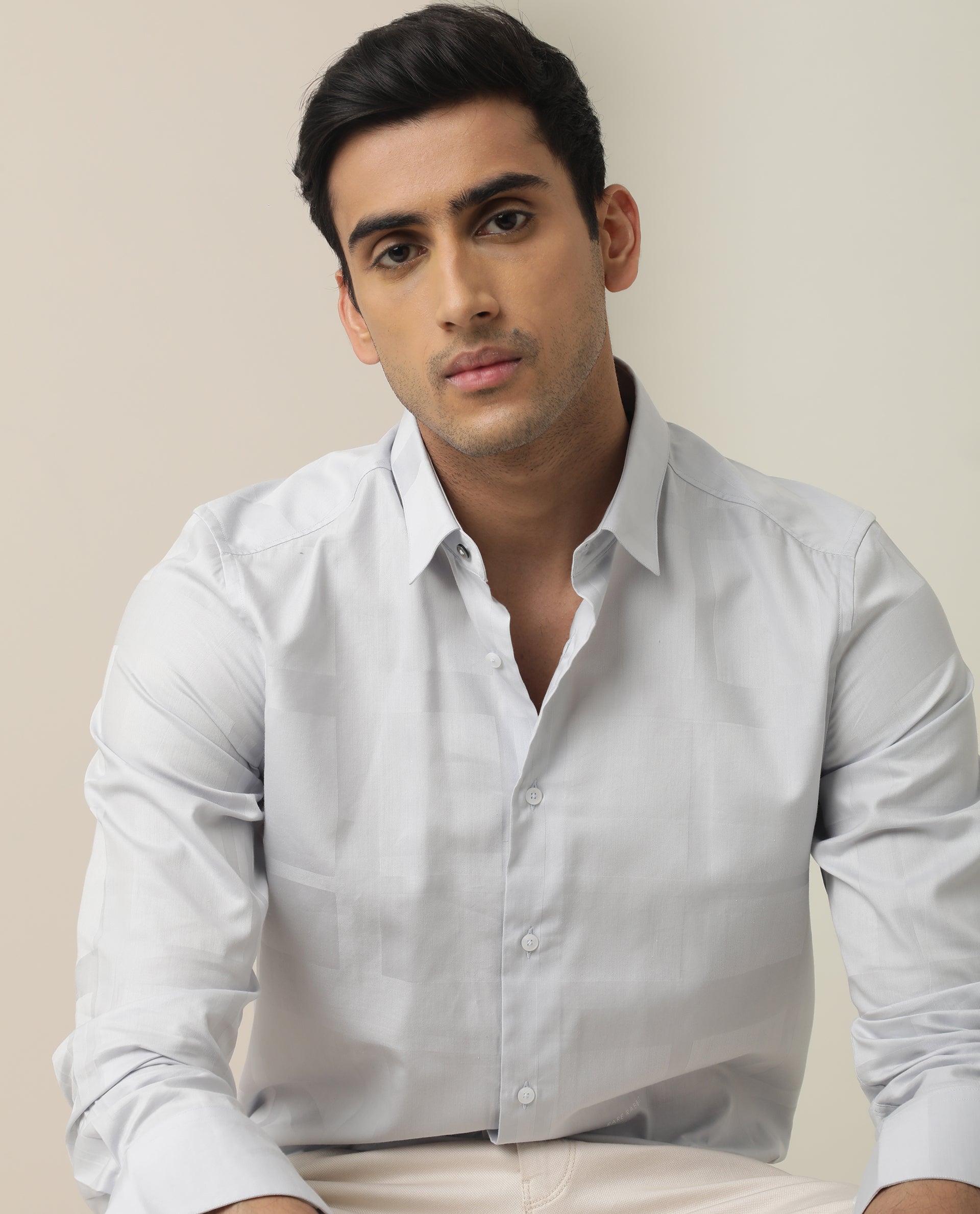 Rare Rabbit Men's Boxline Light Blue Cotton Lyocell Fabric Full Sleeves Checks Print Shirt