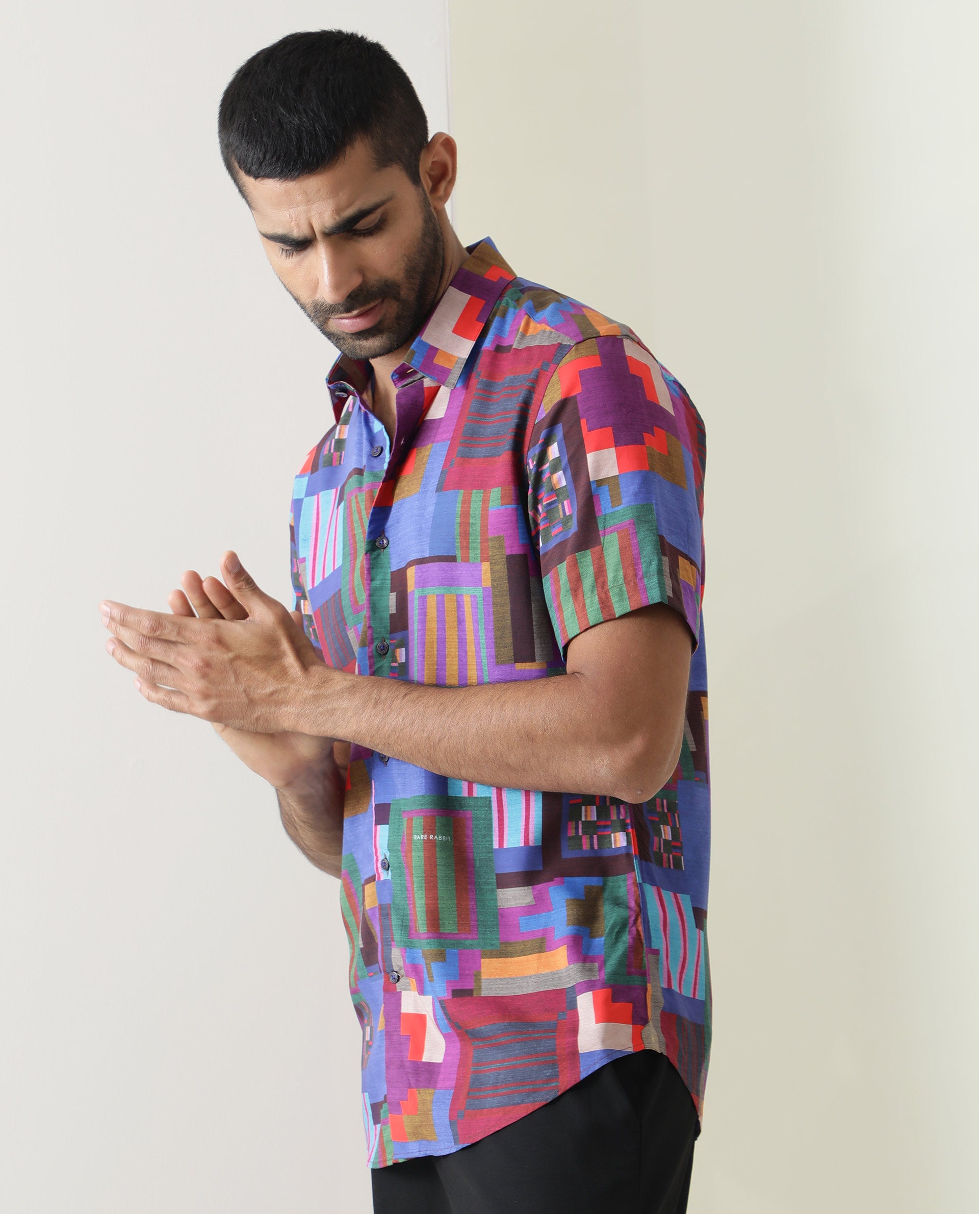 Rare Rabbit Men's Circon Multi Viscose Fabric Half Sleeves Geometric Print Shirt