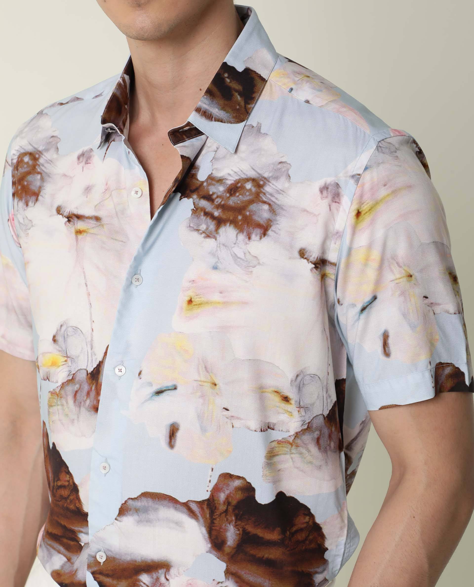 RARE RABBIT MEN'S BREEZY BLUE SHIRT VISCOSE FABRIC COLLARED NECK HALF SLEEVES BUTTON CLOSURE SLIM FIT