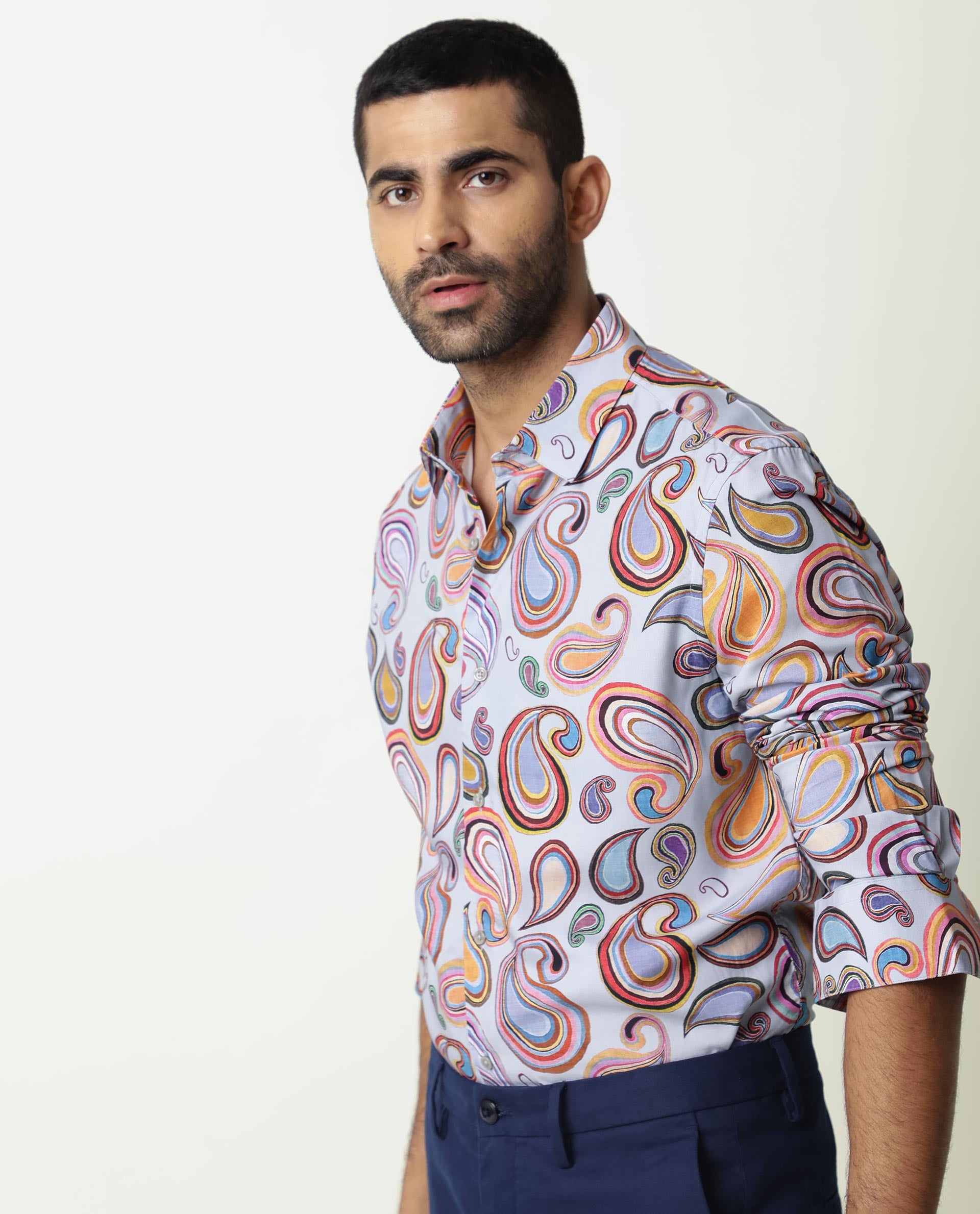 Rare Rabbit Men's Marsh Ls Blue Viscose Fabric Paisley Print Full Sleeves Shirt